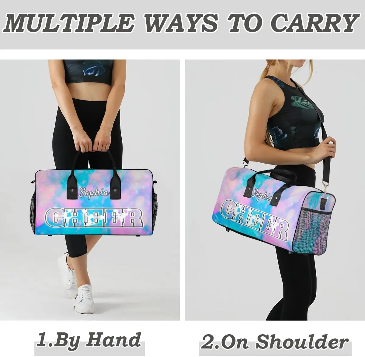 Personalized Cheer Bags for Cheerleaders, Custom Name Sport Duffel Bag Gym Bag Travel Duffle Bag Overnight Weekender Bag Silver Glitter