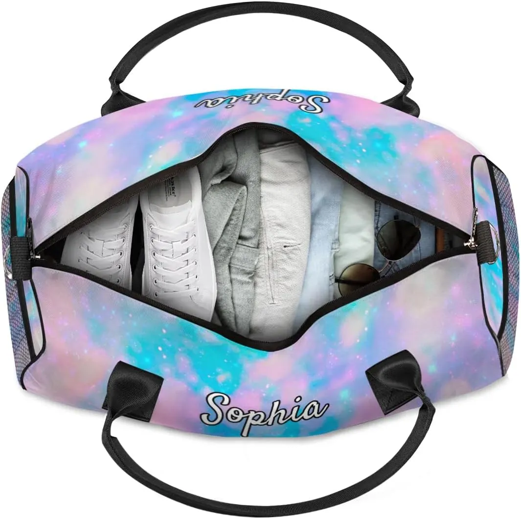 Personalized Cheer Bags for Cheerleaders, Custom Name Sport Duffel Bag Gym Bag Travel Duffle Bag Overnight Weekender Bag Silver Glitter