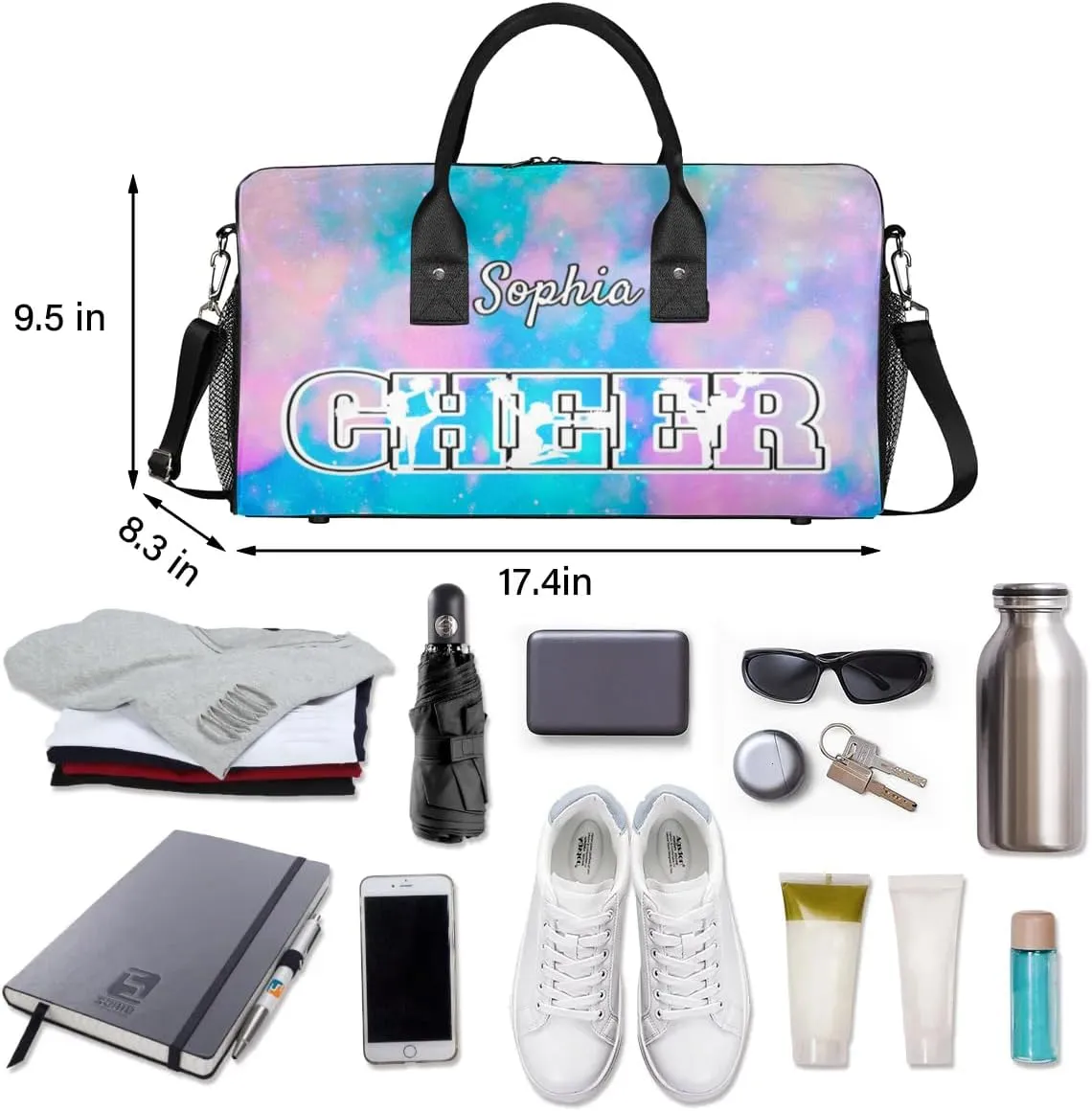 Personalized Cheer Bags for Cheerleaders, Custom Name Sport Duffel Bag Gym Bag Travel Duffle Bag Overnight Weekender Bag Silver Glitter