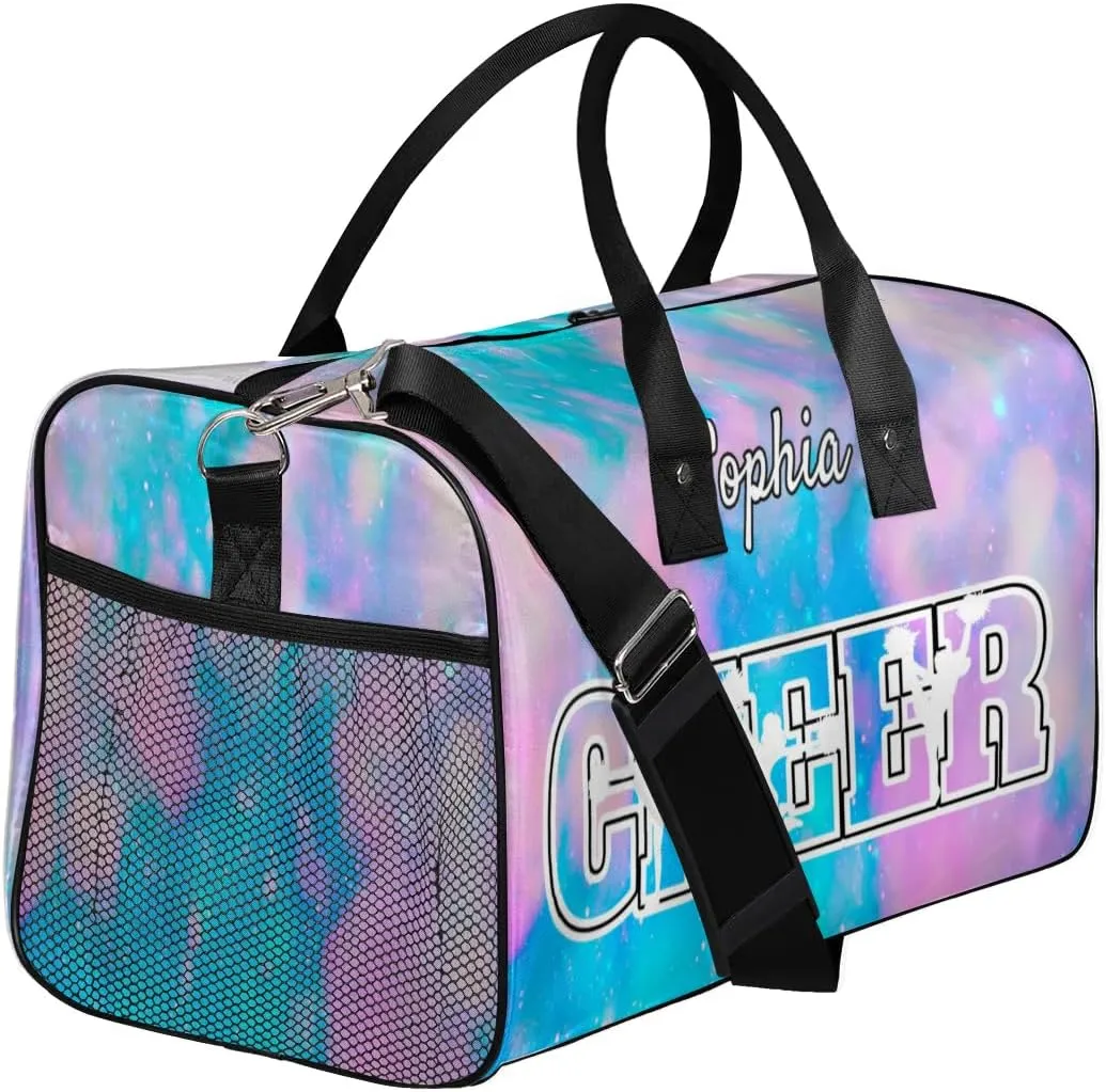 Personalized Cheer Bags for Cheerleaders, Custom Name Sport Duffel Bag Gym Bag Travel Duffle Bag Overnight Weekender Bag Silver Glitter