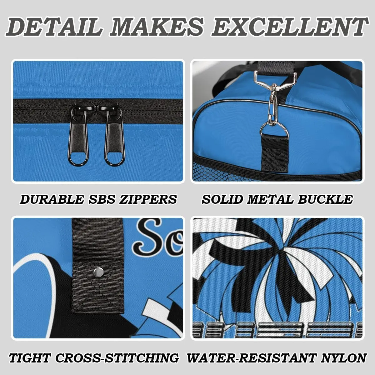 Personalized Cheer Bags for Cheerleaders Custom Sport Duffel Bag Gym Bag Travel Duffle Bag, Blue Overnight Weekender Bag with Name