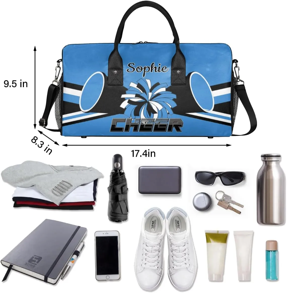Personalized Cheer Bags for Cheerleaders Custom Sport Duffel Bag Gym Bag Travel Duffle Bag, Blue Overnight Weekender Bag with Name