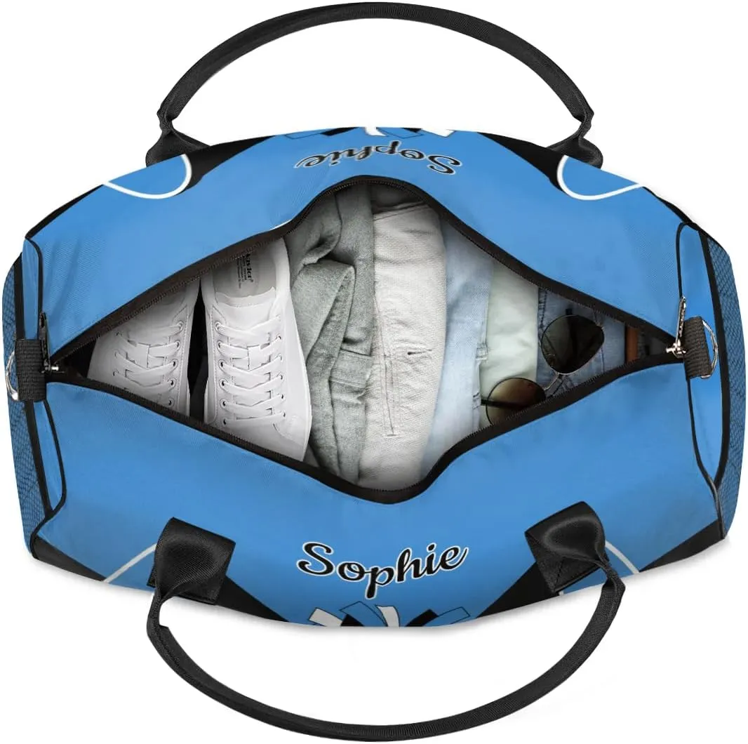 Personalized Cheer Bags for Cheerleaders Custom Sport Duffel Bag Gym Bag Travel Duffle Bag, Blue Overnight Weekender Bag with Name