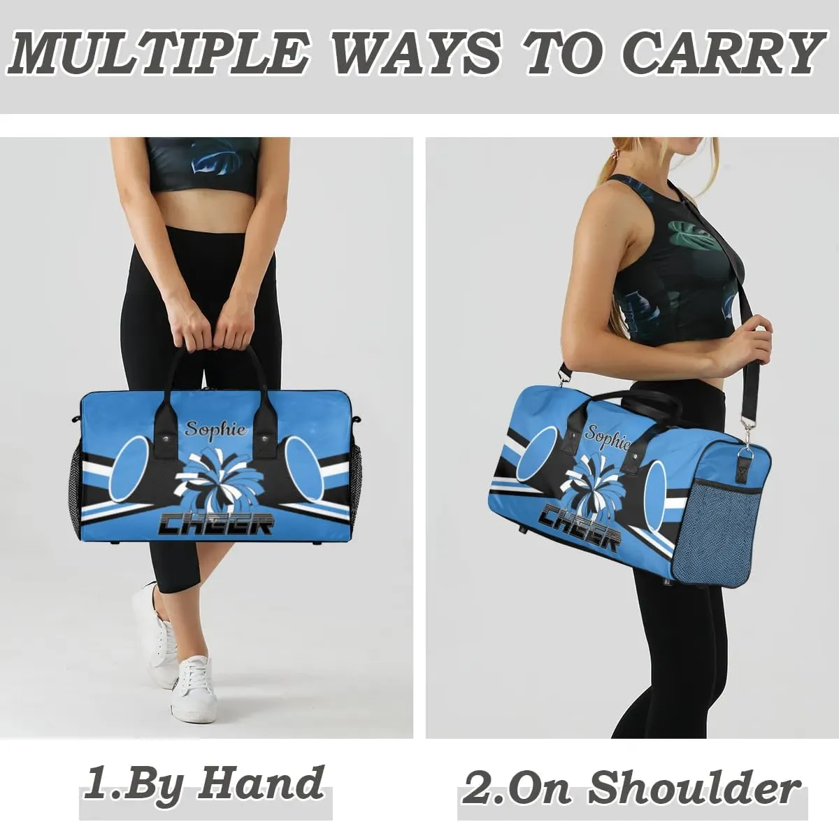 Personalized Cheer Bags for Cheerleaders Custom Sport Duffel Bag Gym Bag Travel Duffle Bag, Blue Overnight Weekender Bag with Name