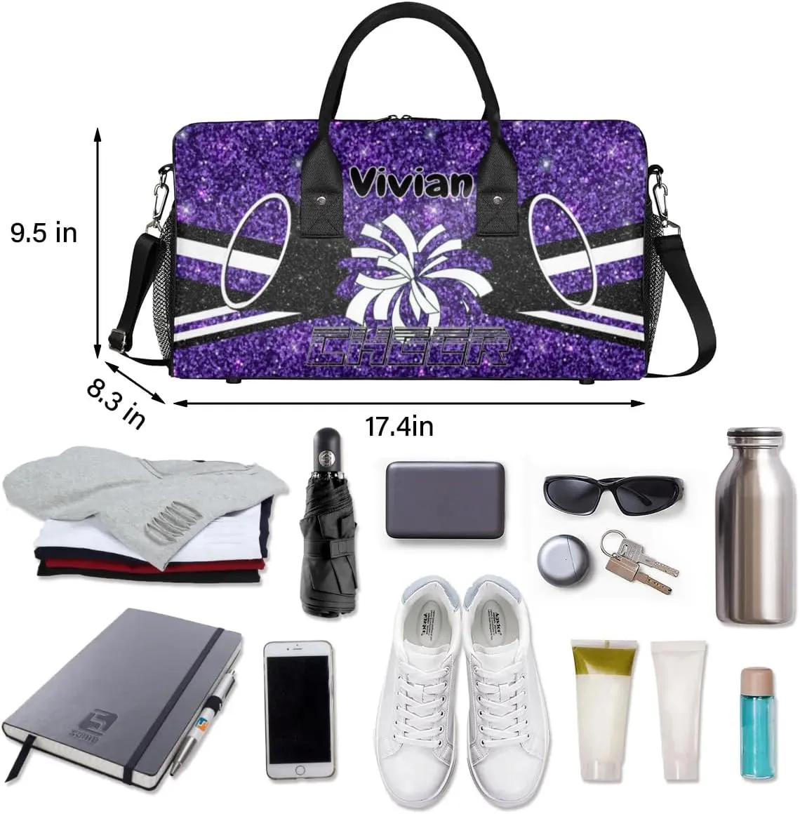 Personalized Cheerleader Cheer Bag for Women, Custom Name Sport Duffel Bag Custom Travel Overnight Weekender Bags, Personalized Gifts Deep Purple