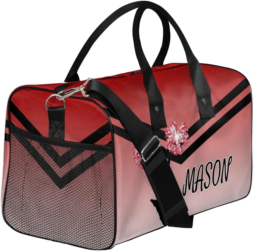 Personalized Cheerleader Cheer Bag for Women, Sport Duffel Bag with Name Customized Travel Overnight Weekender Bags, Deep Red Gradient Cheerleader Silhouette