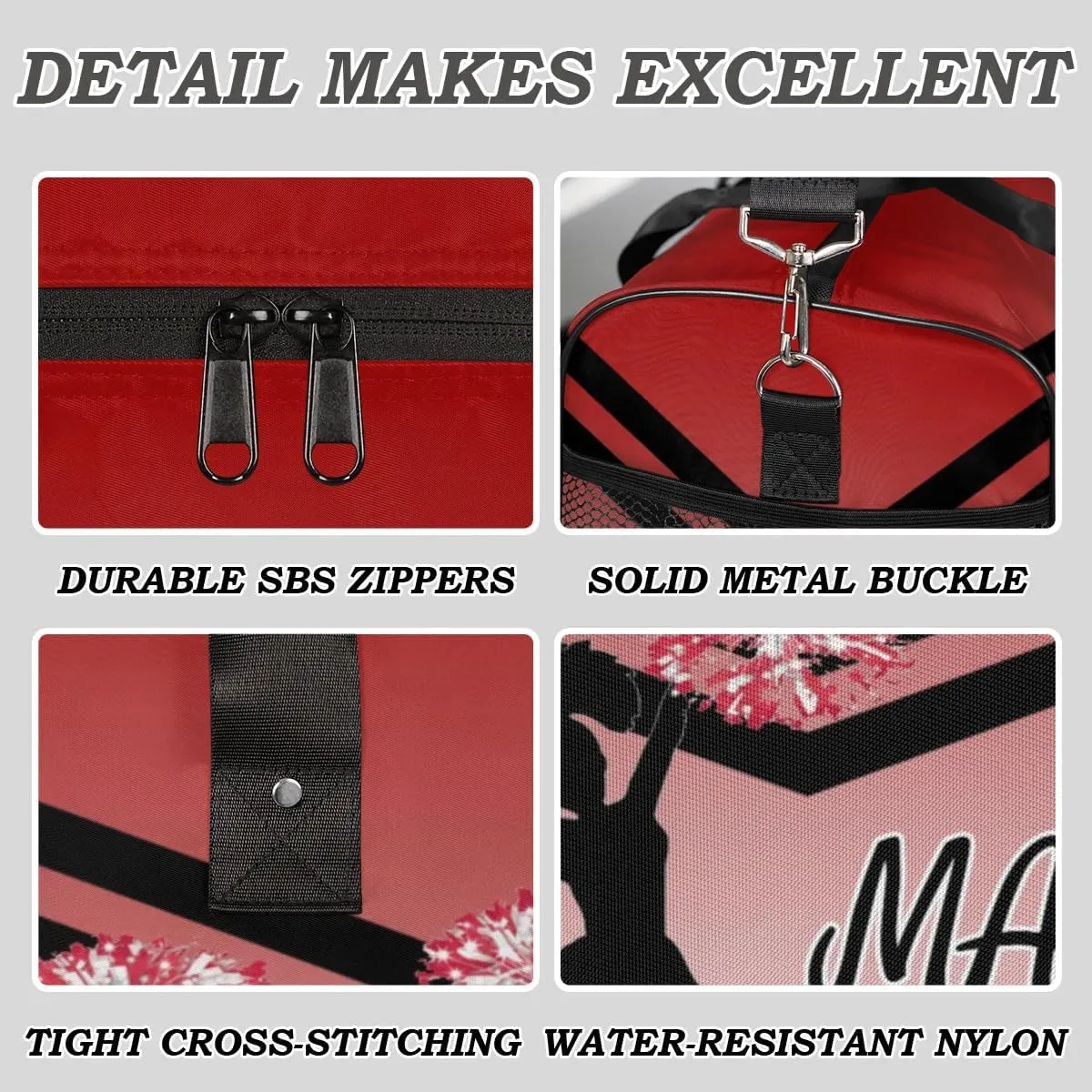 Personalized Cheerleader Cheer Bag for Women, Sport Duffel Bag with Name Customized Travel Overnight Weekender Bags, Deep Red Gradient Cheerleader Silhouette