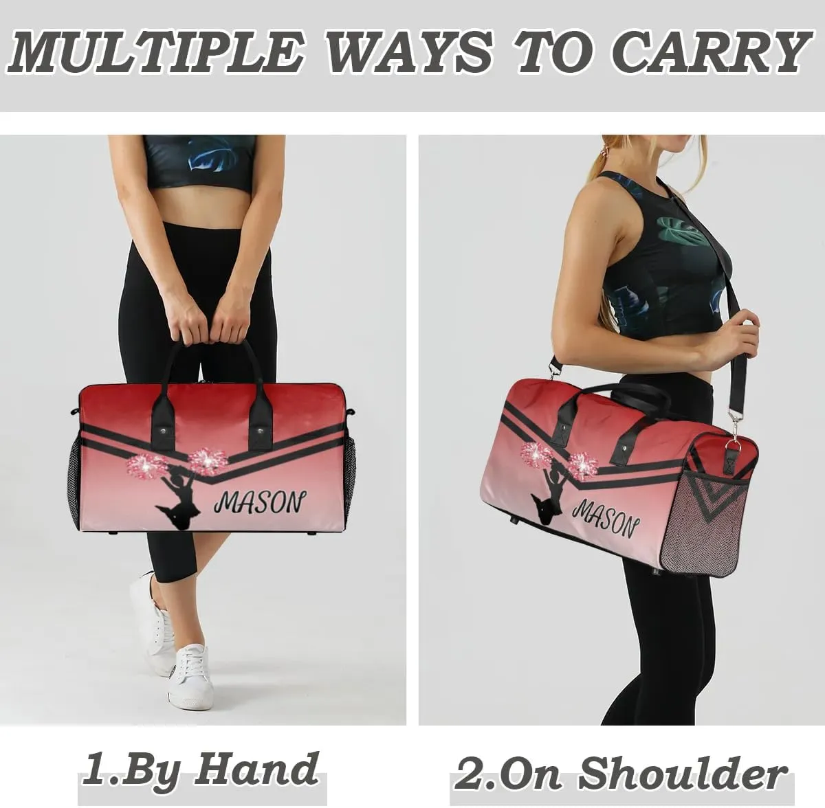 Personalized Cheerleader Cheer Bag for Women, Sport Duffel Bag with Name Customized Travel Overnight Weekender Bags, Deep Red Gradient Cheerleader Silhouette