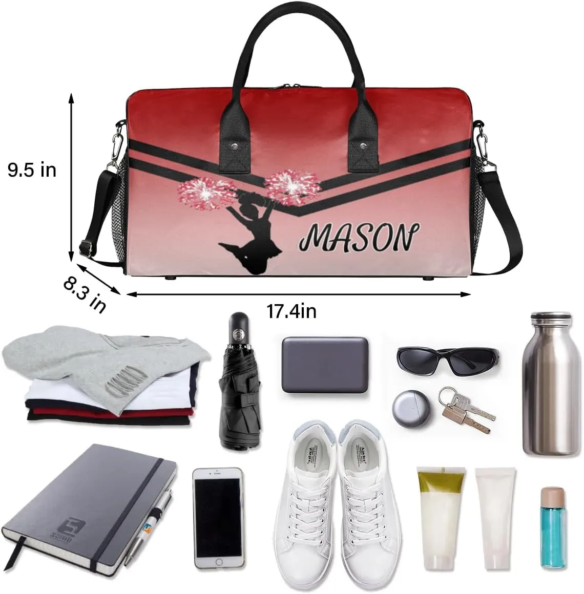 Personalized Cheerleader Cheer Bag for Women, Sport Duffel Bag with Name Customized Travel Overnight Weekender Bags, Deep Red Gradient Cheerleader Silhouette