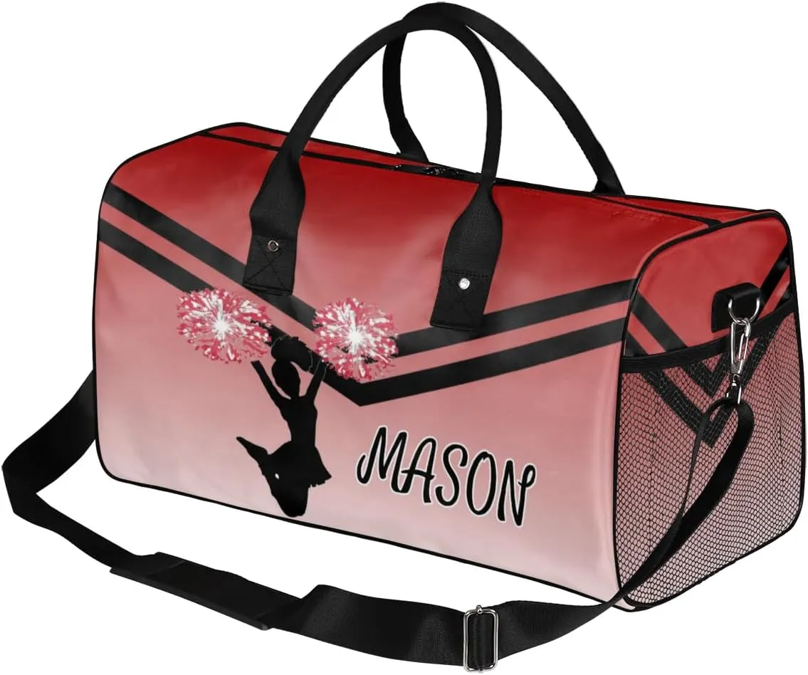 Personalized Cheerleader Cheer Bag for Women, Sport Duffel Bag with Name Customized Travel Overnight Weekender Bags, Deep Red Gradient Cheerleader Silhouette
