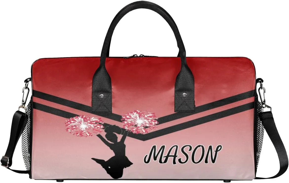 Personalized Cheerleader Cheer Bag for Women, Sport Duffel Bag with Name Customized Travel Overnight Weekender Bags, Deep Red Gradient Cheerleader Silhouette