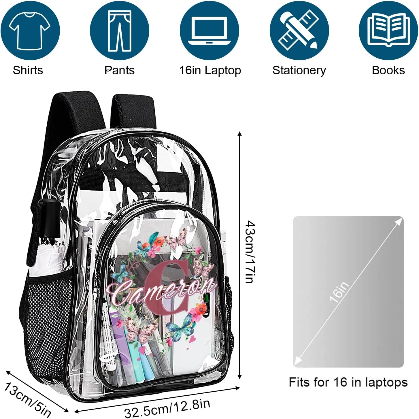 Personalized Clear School Backpack for Girls, Custom Butterfly Flower Pattern Backpacks with Last Name, TPU Waterproof Transparent Bookbag Suitable for Kids, Best Back to School Gifts