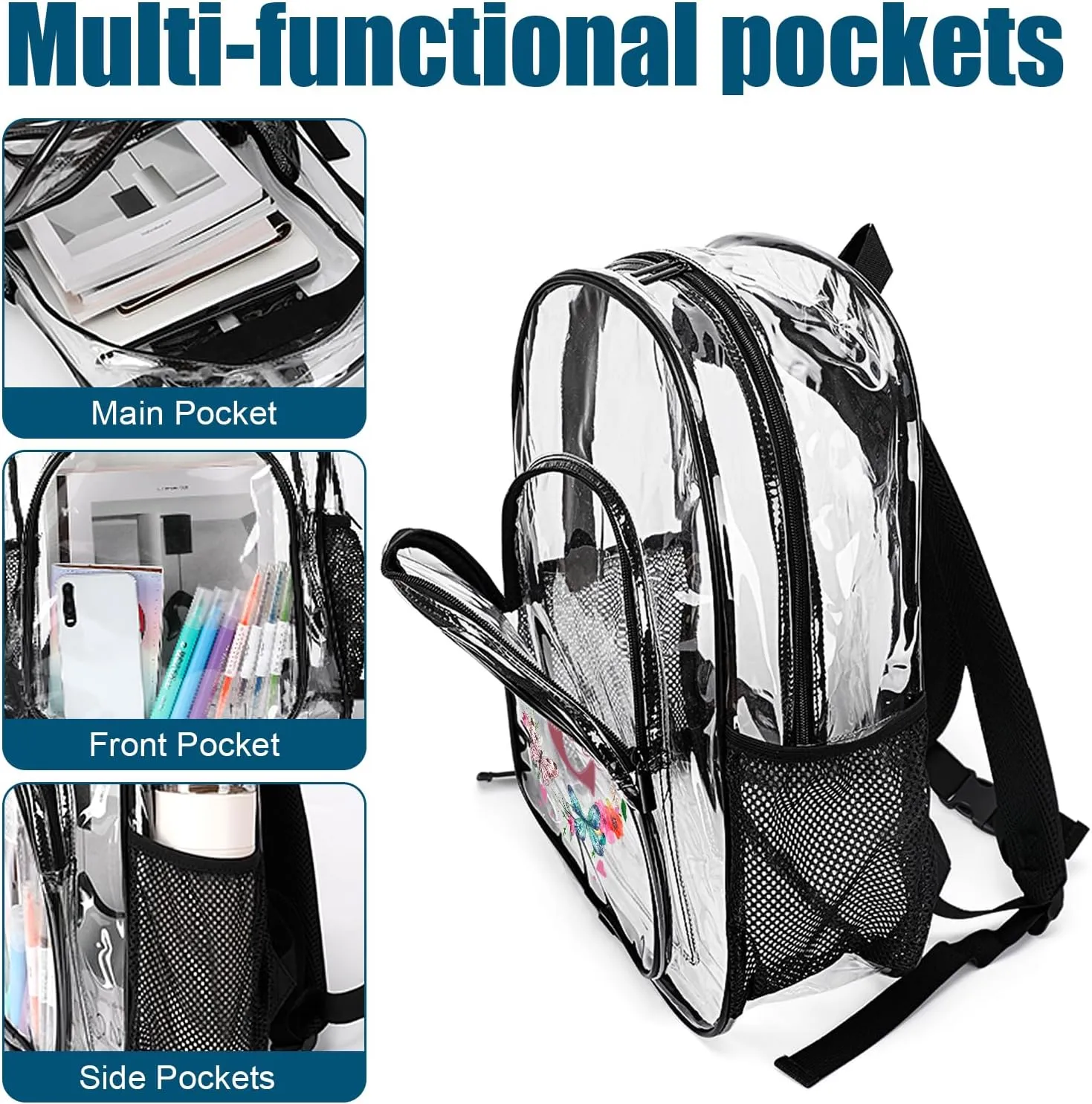 Personalized Clear School Backpack for Girls, Custom Butterfly Flower Pattern Backpacks with Last Name, TPU Waterproof Transparent Bookbag Suitable for Kids, Best Back to School Gifts