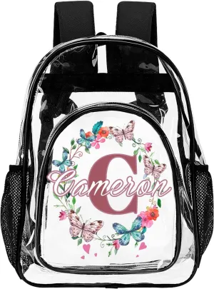 Personalized Clear School Backpack for Girls, Custom Butterfly Flower Pattern Backpacks with Last Name, TPU Waterproof Transparent Bookbag Suitable for Kids, Best Back to School Gifts