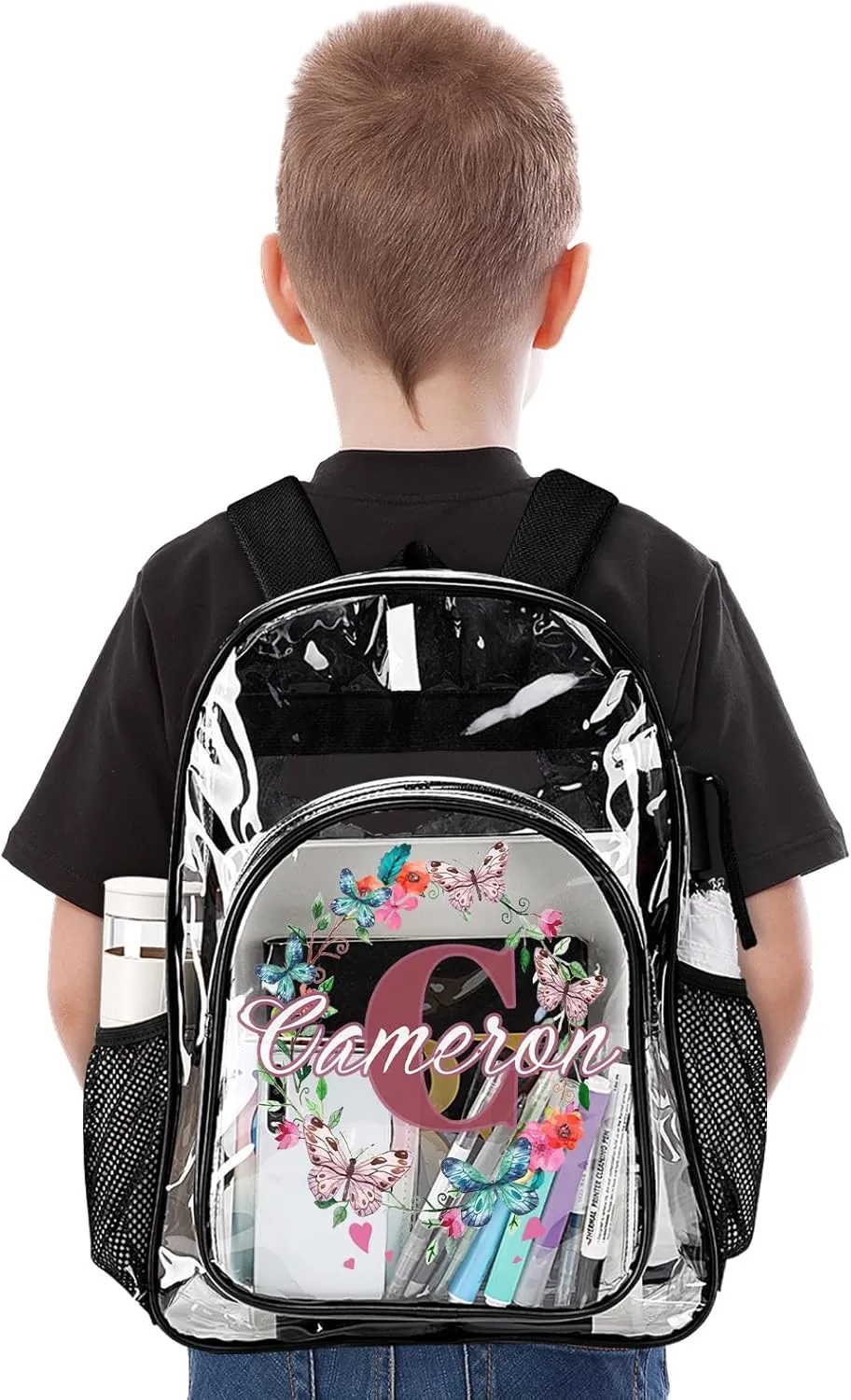 Personalized Clear School Backpack for Girls, Custom Butterfly Flower Pattern Backpacks with Last Name, TPU Waterproof Transparent Bookbag Suitable for Kids, Best Back to School Gifts