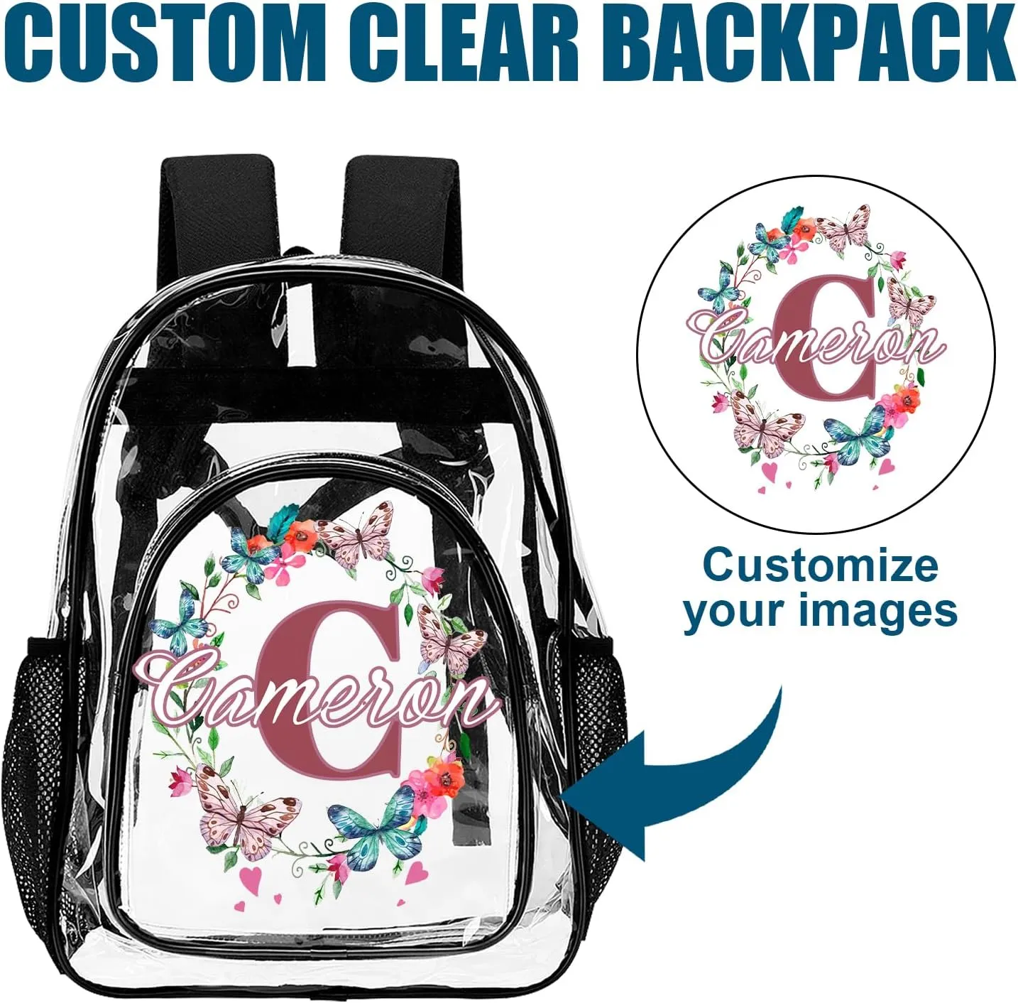 Personalized Clear School Backpack for Girls, Custom Butterfly Flower Pattern Backpacks with Last Name, TPU Waterproof Transparent Bookbag Suitable for Kids, Best Back to School Gifts