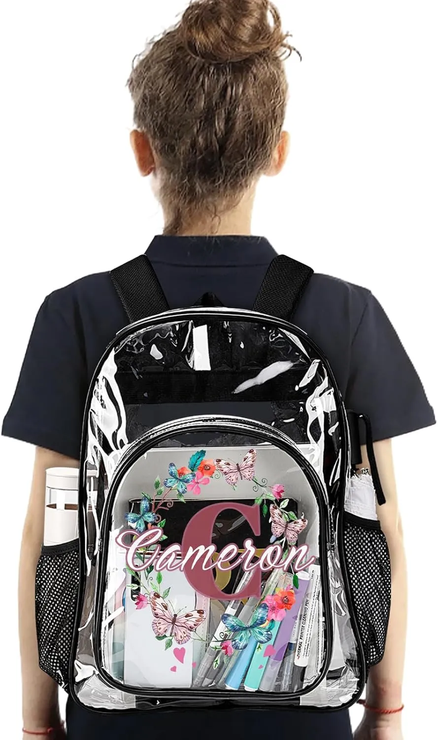 Personalized Clear School Backpack for Girls, Custom Butterfly Flower Pattern Backpacks with Last Name, TPU Waterproof Transparent Bookbag Suitable for Kids, Best Back to School Gifts