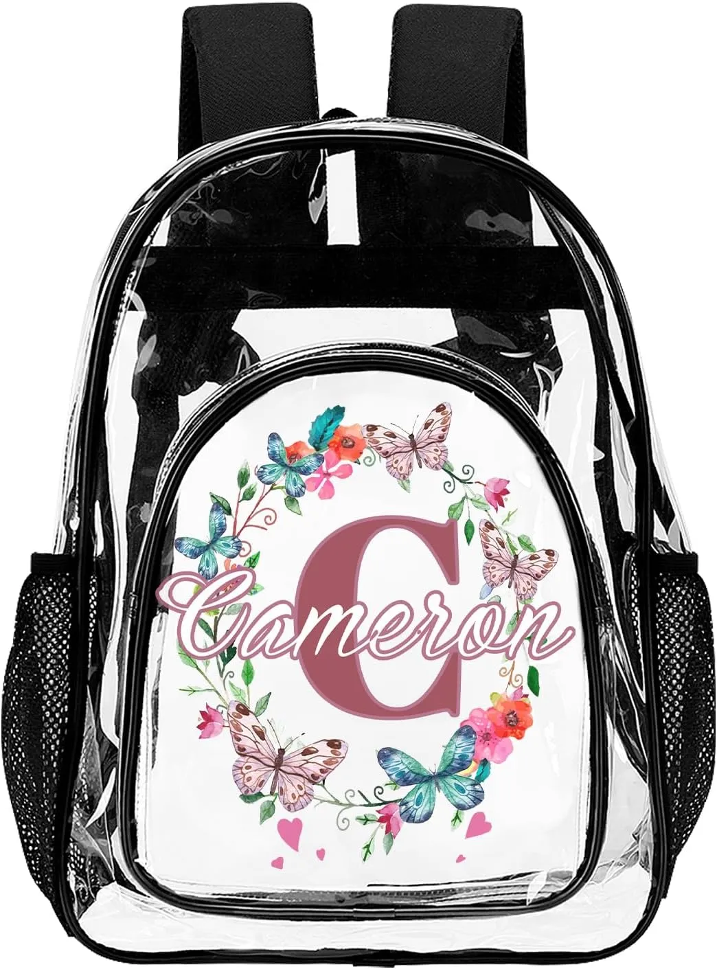 Personalized Clear School Backpack for Girls, Custom Butterfly Flower Pattern Backpacks with Last Name, TPU Waterproof Transparent Bookbag Suitable for Kids, Best Back to School Gifts