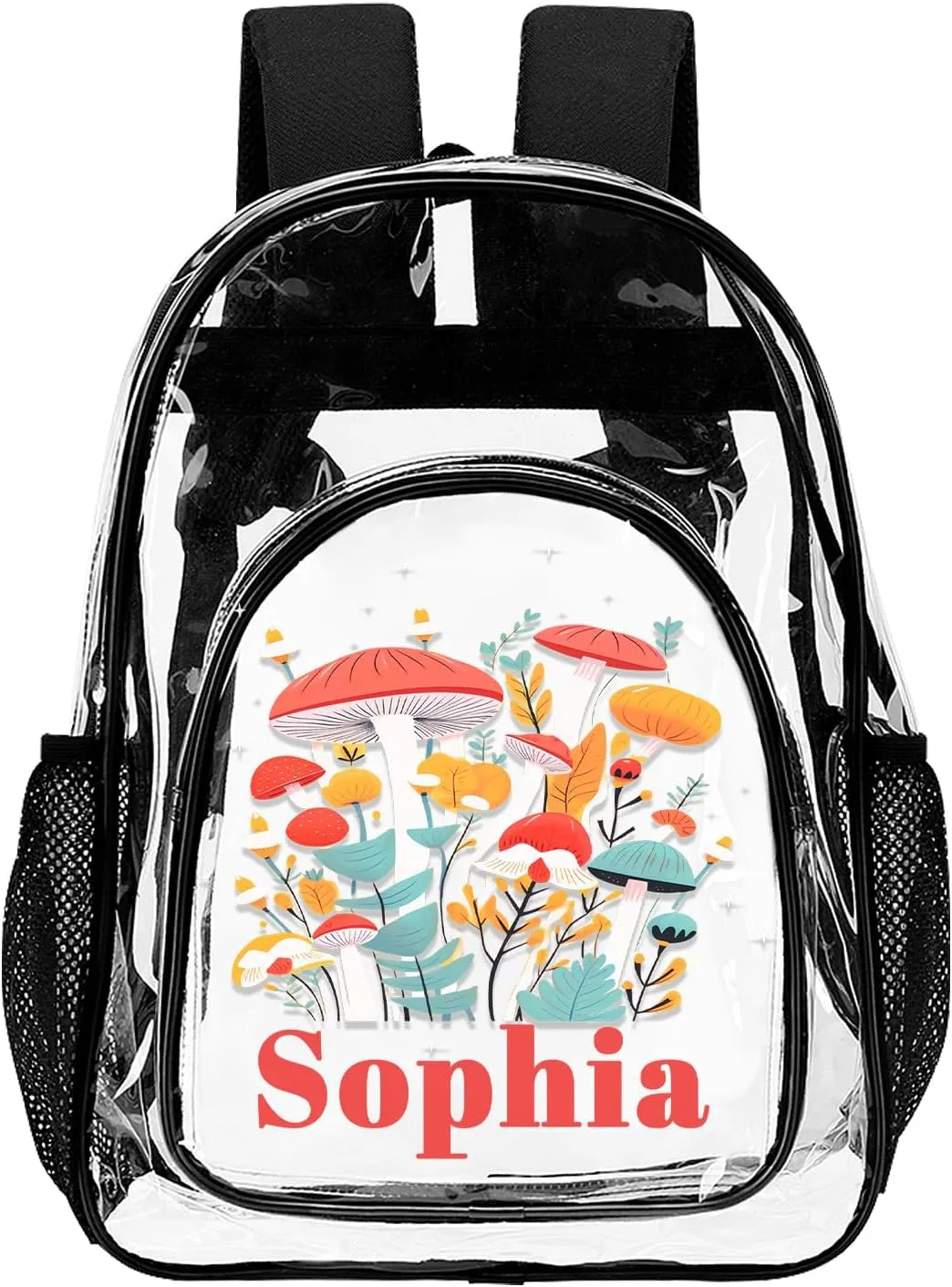 Personalized Clear School Backpack for Girls, Custom Mushroom Pattern Backpacks with Name, TPU Waterproof Transparent Bookbag Suitable for Kids, Best Back to School Gifts