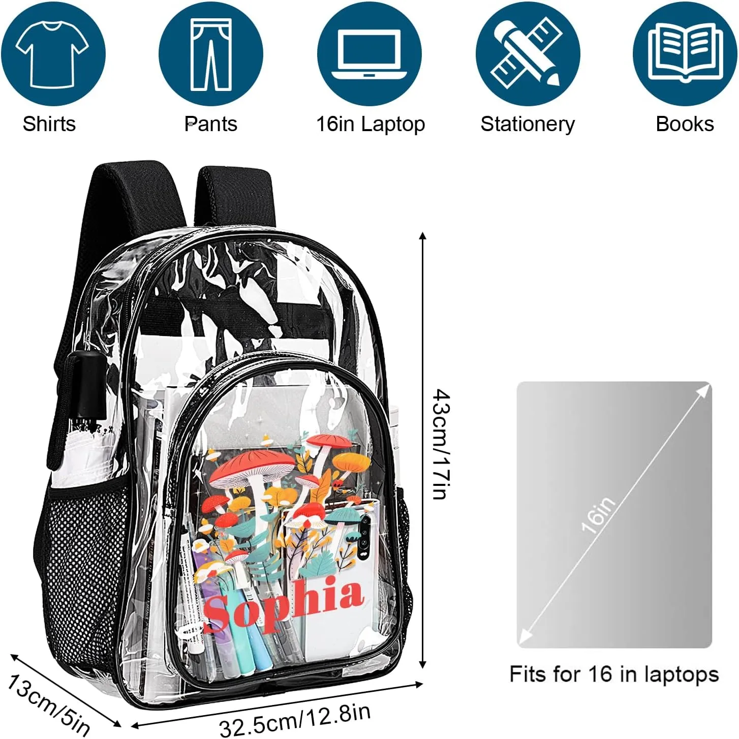 Personalized Clear School Backpack for Girls, Custom Mushroom Pattern Backpacks with Name, TPU Waterproof Transparent Bookbag Suitable for Kids, Best Back to School Gifts