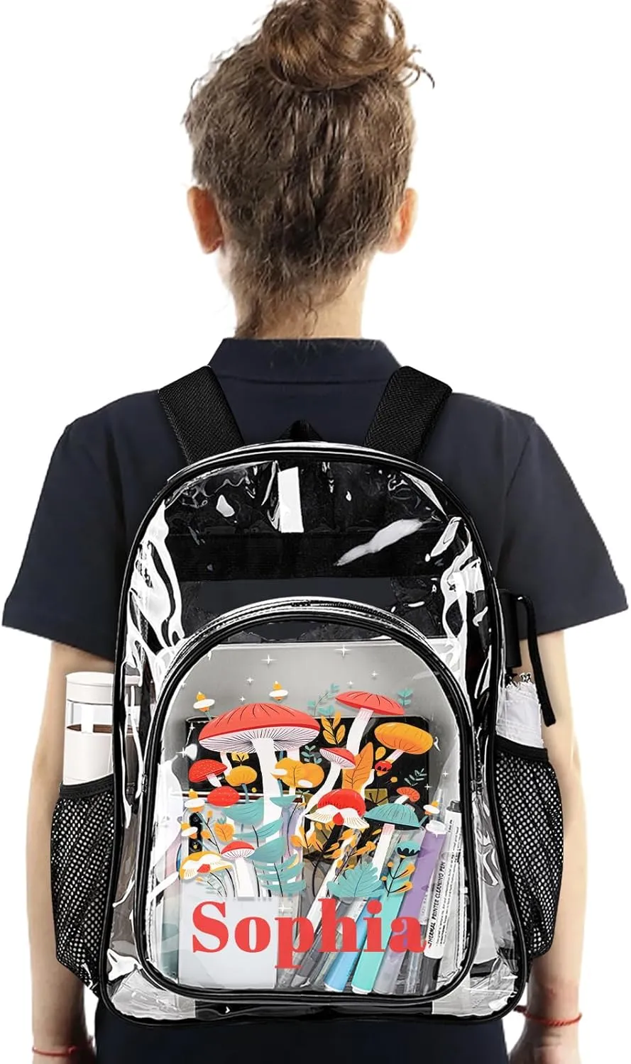 Personalized Clear School Backpack for Girls, Custom Mushroom Pattern Backpacks with Name, TPU Waterproof Transparent Bookbag Suitable for Kids, Best Back to School Gifts