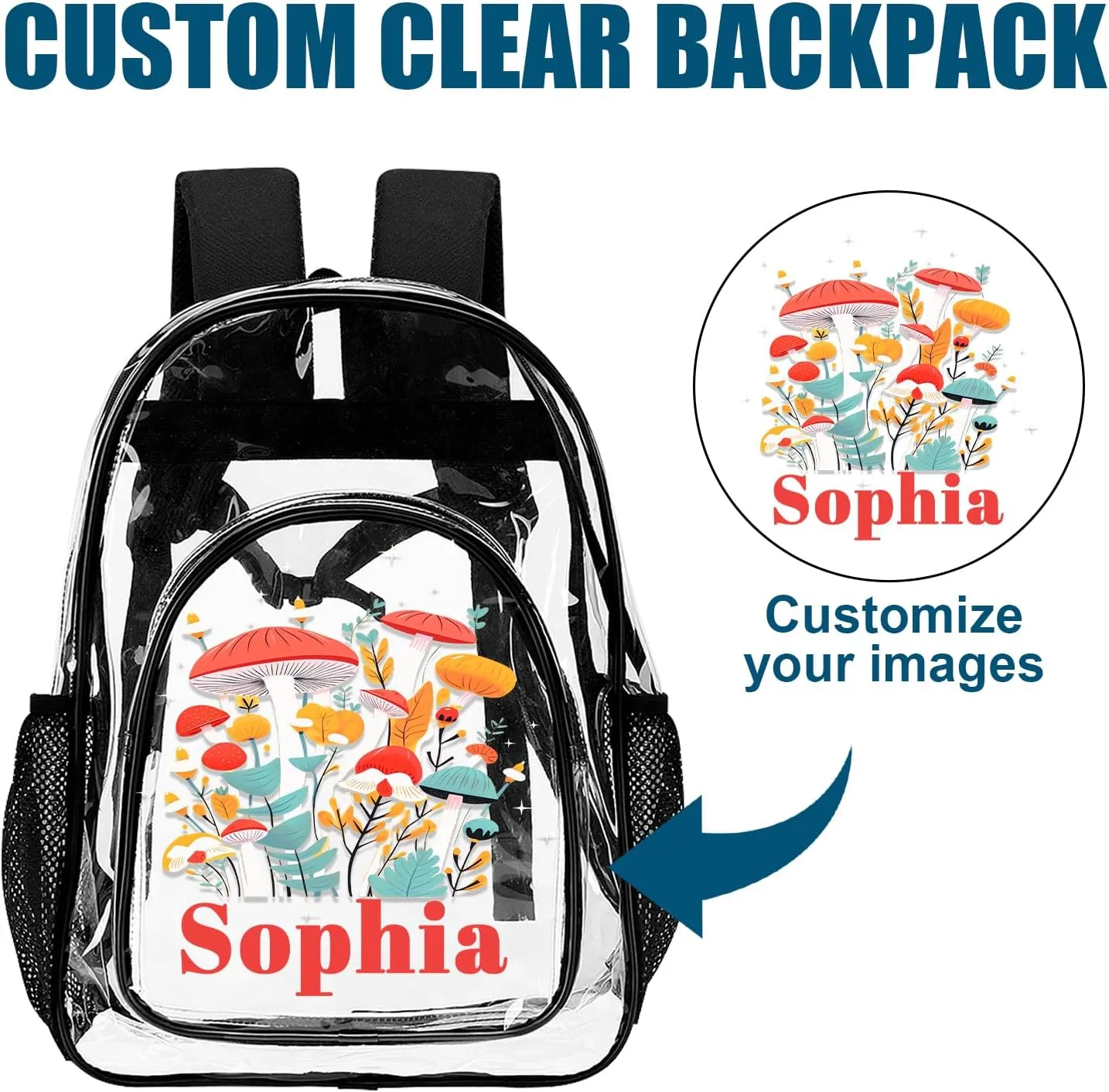 Personalized Clear School Backpack for Girls, Custom Mushroom Pattern Backpacks with Name, TPU Waterproof Transparent Bookbag Suitable for Kids, Best Back to School Gifts