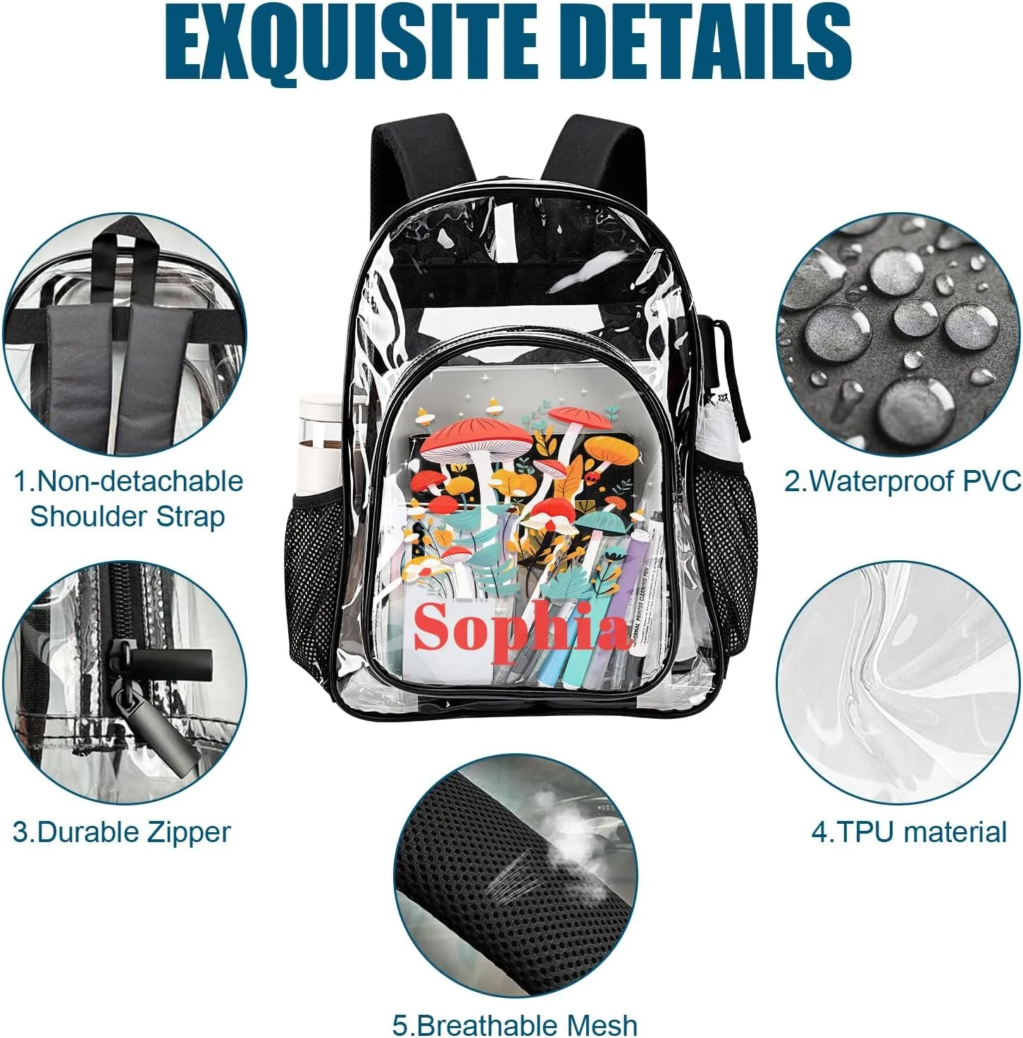 Personalized Clear School Backpack for Girls, Custom Mushroom Pattern Backpacks with Name, TPU Waterproof Transparent Bookbag Suitable for Kids, Best Back to School Gifts