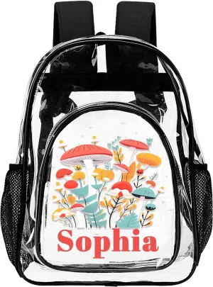 Personalized Clear School Backpack for Girls, Custom Mushroom Pattern Backpacks with Name, TPU Waterproof Transparent Bookbag Suitable for Kids, Best Back to School Gifts