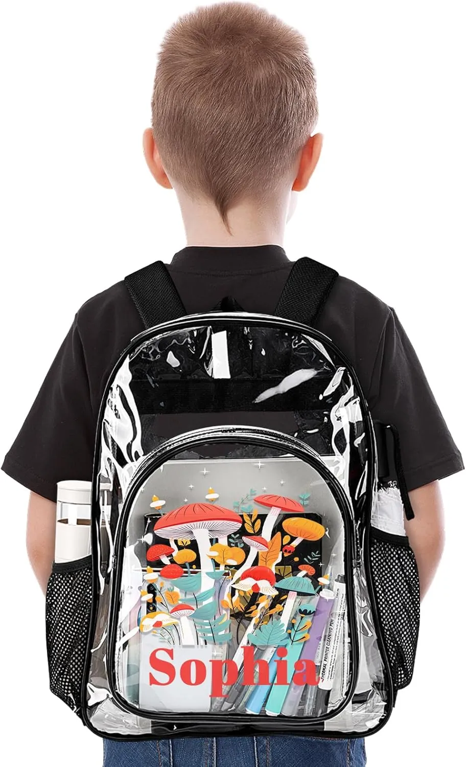 Personalized Clear School Backpack for Girls, Custom Mushroom Pattern Backpacks with Name, TPU Waterproof Transparent Bookbag Suitable for Kids, Best Back to School Gifts