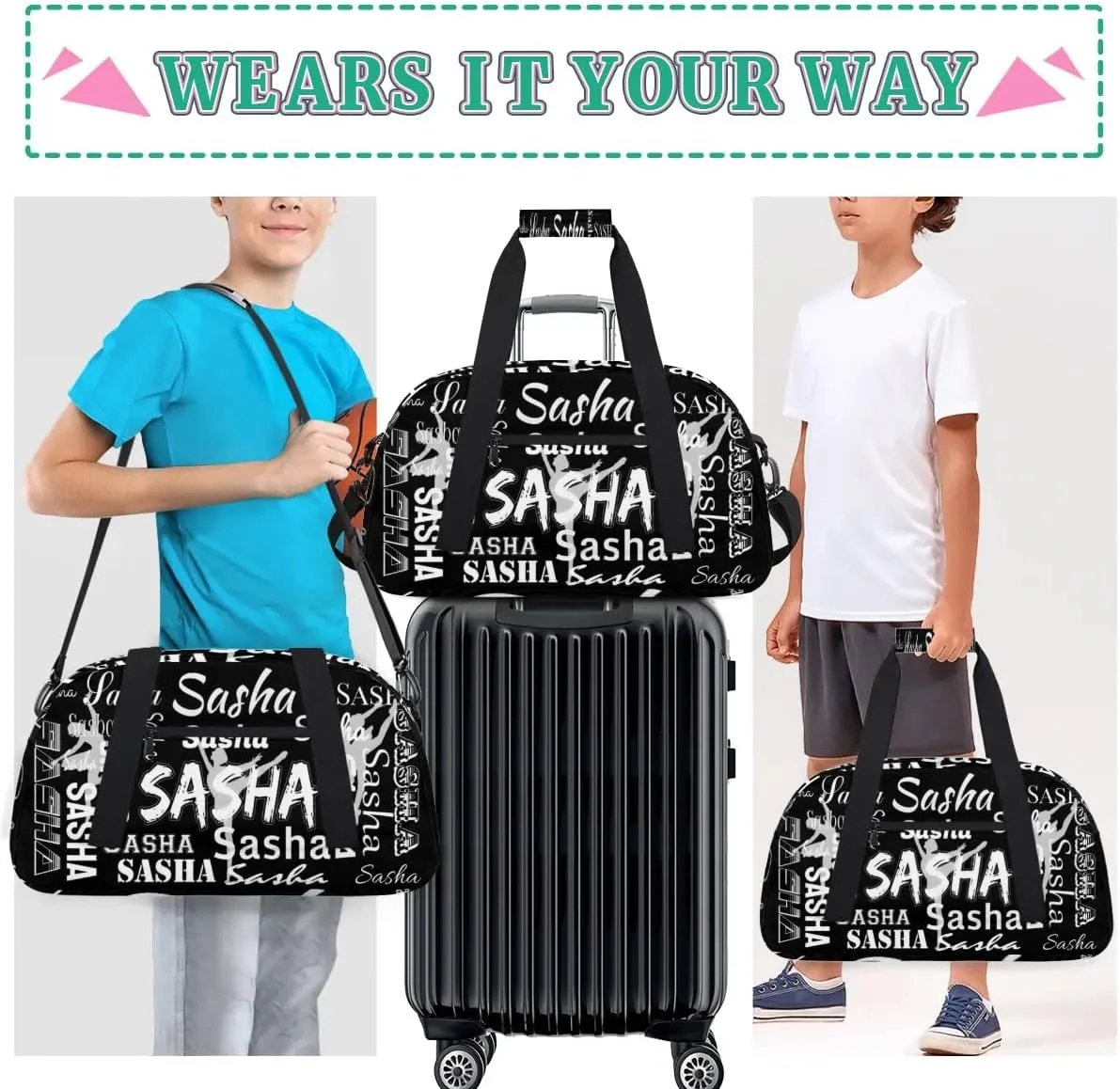 Personalized Dance Bag Duffel Bag for Women, Custom Gym Bag Sport Duffel Bag, Ballet Bag Cheerleader Weekender Bags Travel Bag for Ballet, Black