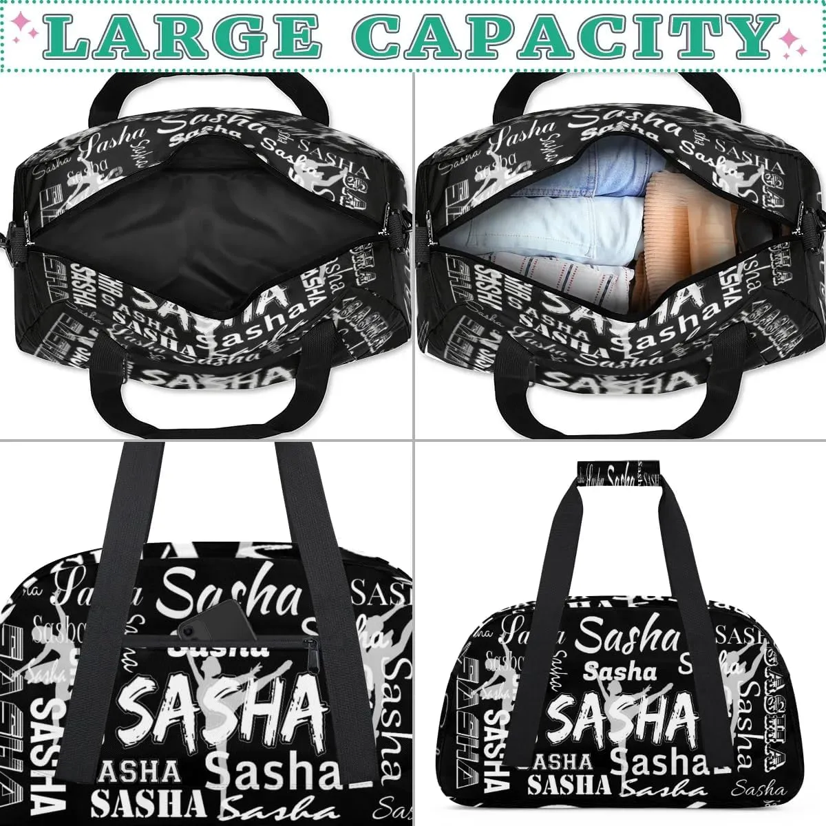 Personalized Dance Bag Duffel Bag for Women, Custom Gym Bag Sport Duffel Bag, Ballet Bag Cheerleader Weekender Bags Travel Bag for Ballet, Black