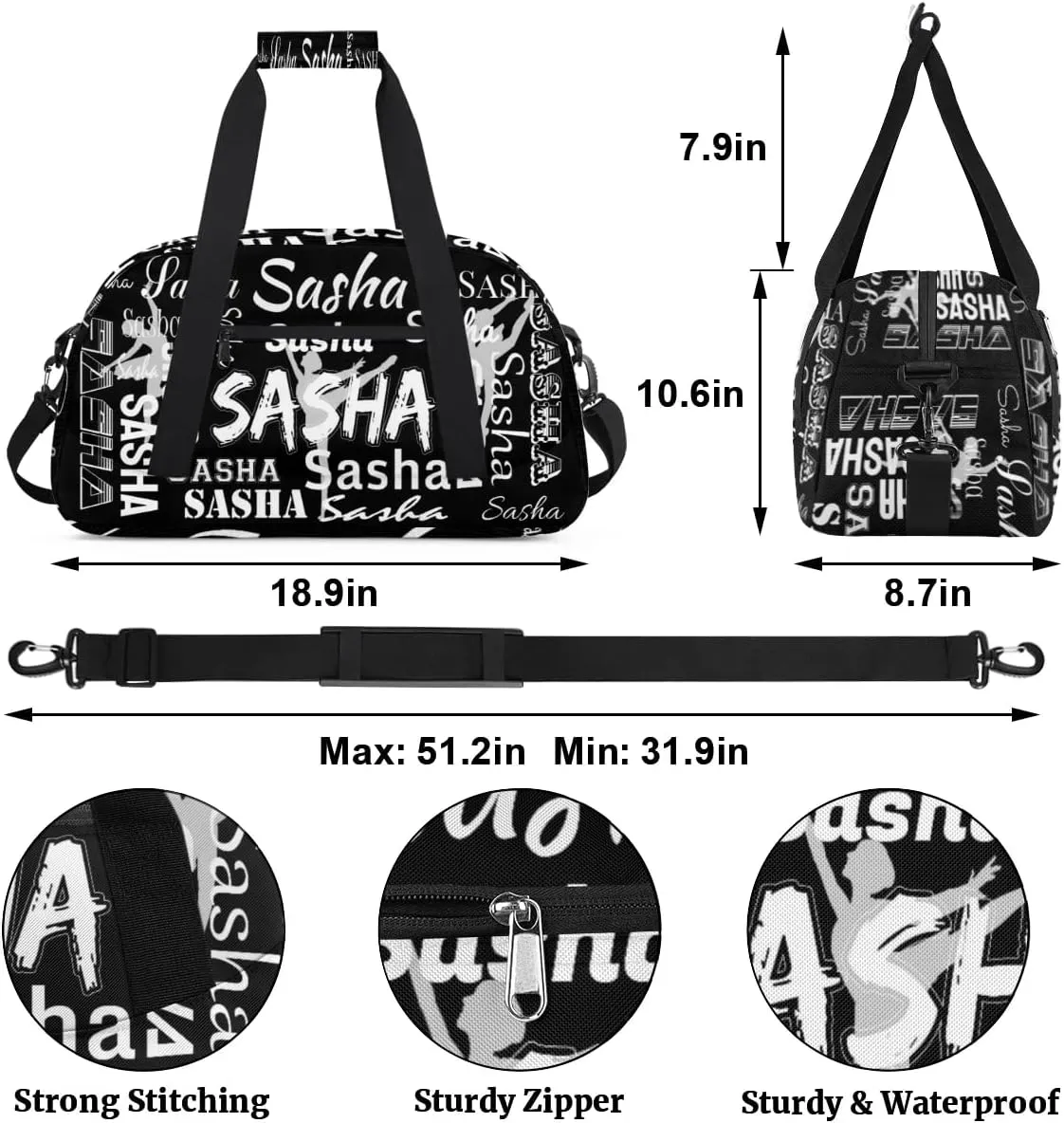 Personalized Dance Bag Duffel Bag for Women, Custom Gym Bag Sport Duffel Bag, Ballet Bag Cheerleader Weekender Bags Travel Bag for Ballet, Black