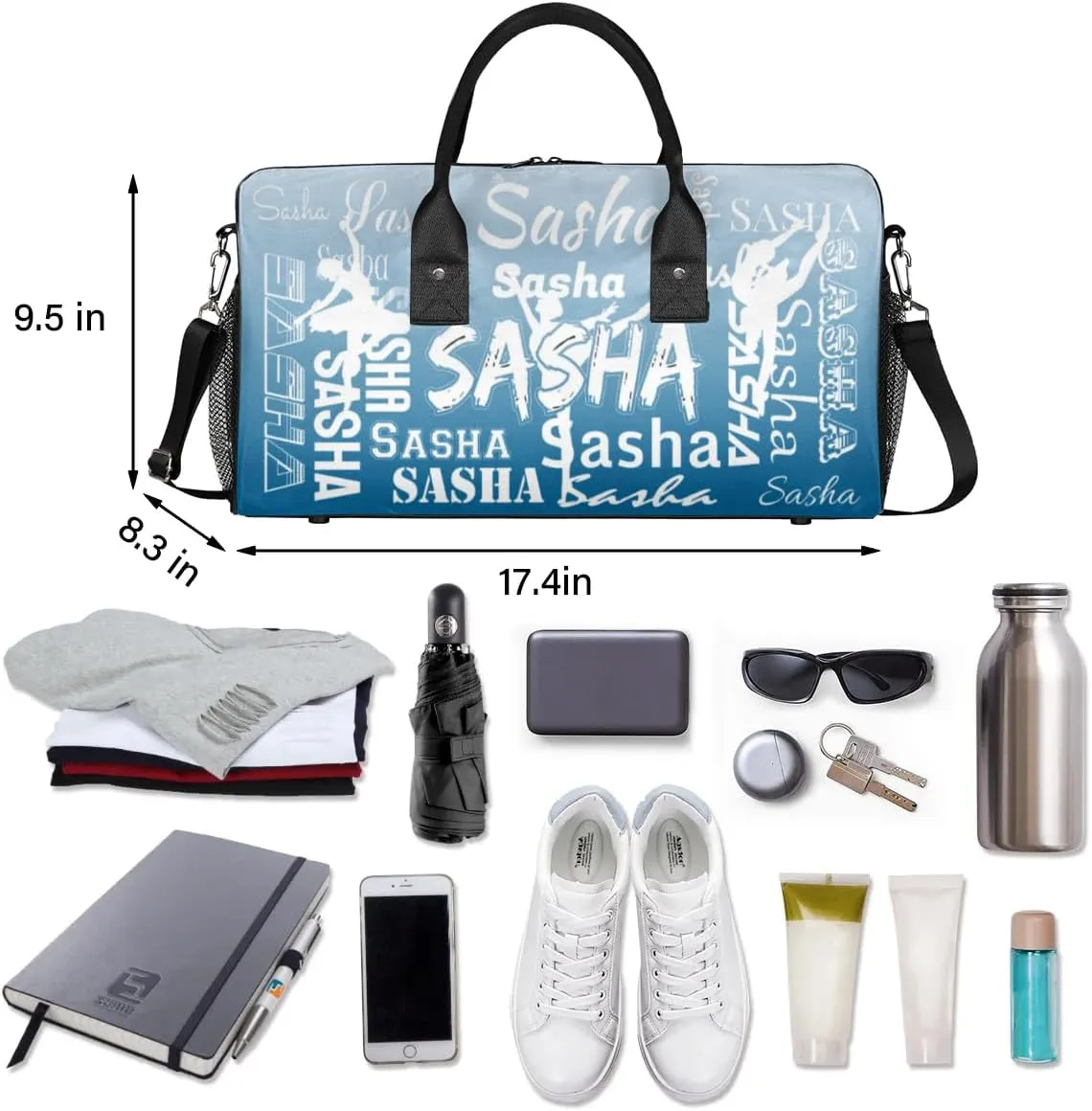 Personalized Dance Ballet Bag Sports Duffle Bags with Name, Custom Gym Bag for Women, Weekender Bags for Gymnastic Cheerleaders, Blue Gradient