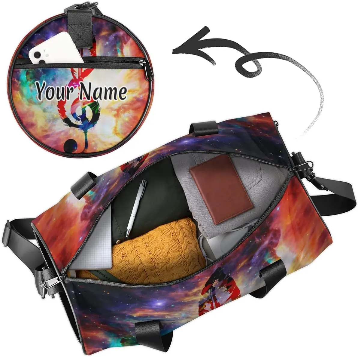 Personalized Duffel Bag for Women, Custom Colorful Music Gym Bag for Sports, Waterproof Dance Bag with Name, Lightweight Carryon Gym Bag, Music
