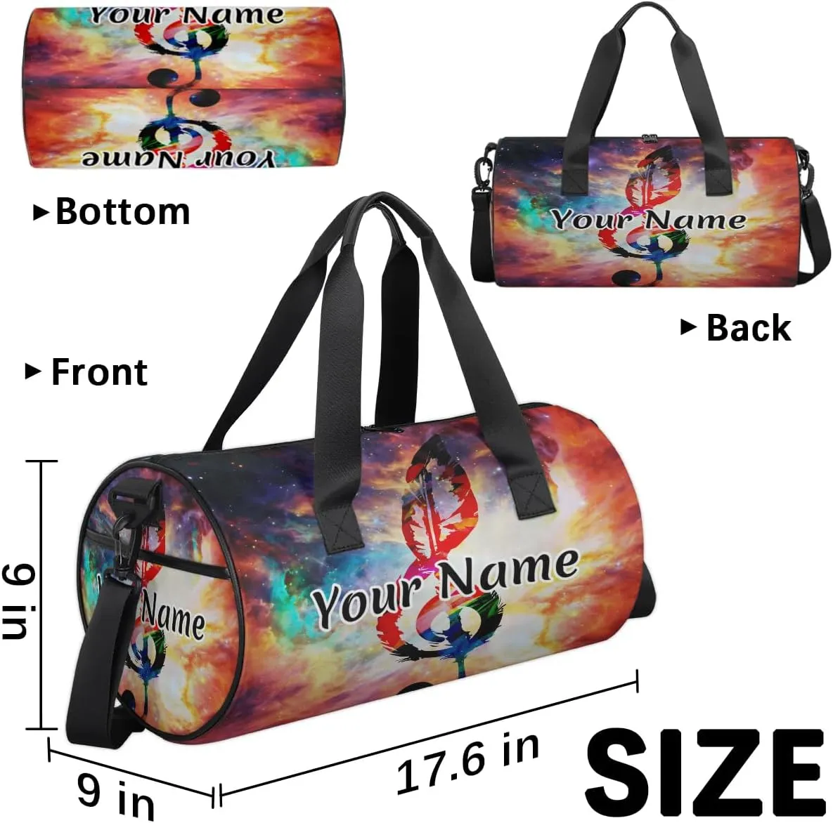 Personalized Duffel Bag for Women, Custom Colorful Music Gym Bag for Sports, Waterproof Dance Bag with Name, Lightweight Carryon Gym Bag, Music
