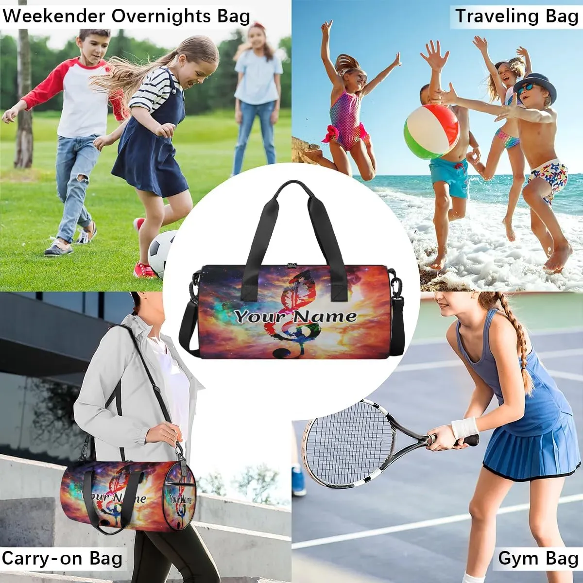 Personalized Duffel Bag for Women, Custom Colorful Music Gym Bag for Sports, Waterproof Dance Bag with Name, Lightweight Carryon Gym Bag, Music