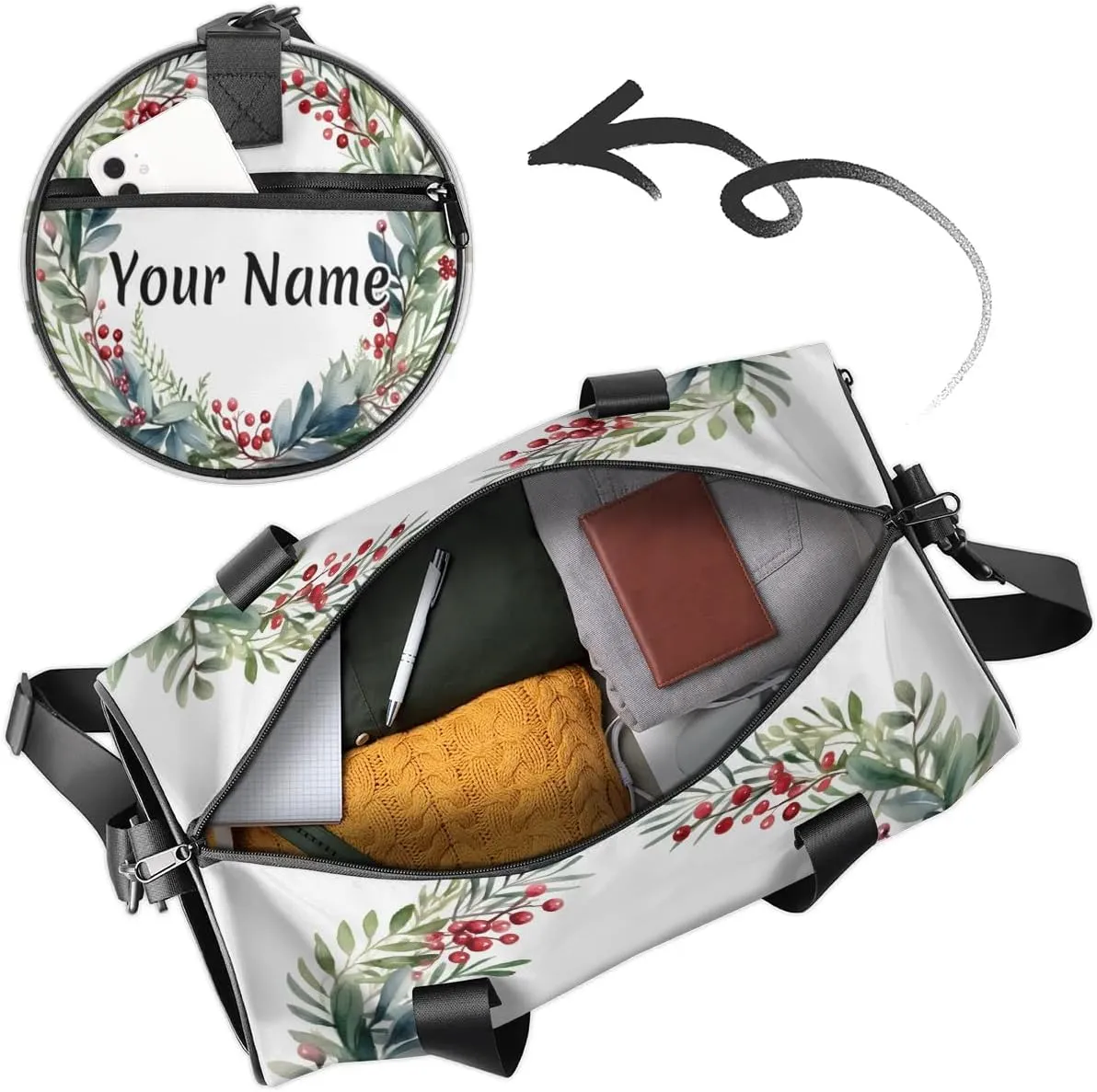 Personalized Duffel Bag for Women, Custom Flower Garland Gym Bag for Sports, Waterproof Dance Bag with Name, Lightweight Carryon Gym Bag, Green Plant Botanical Garland