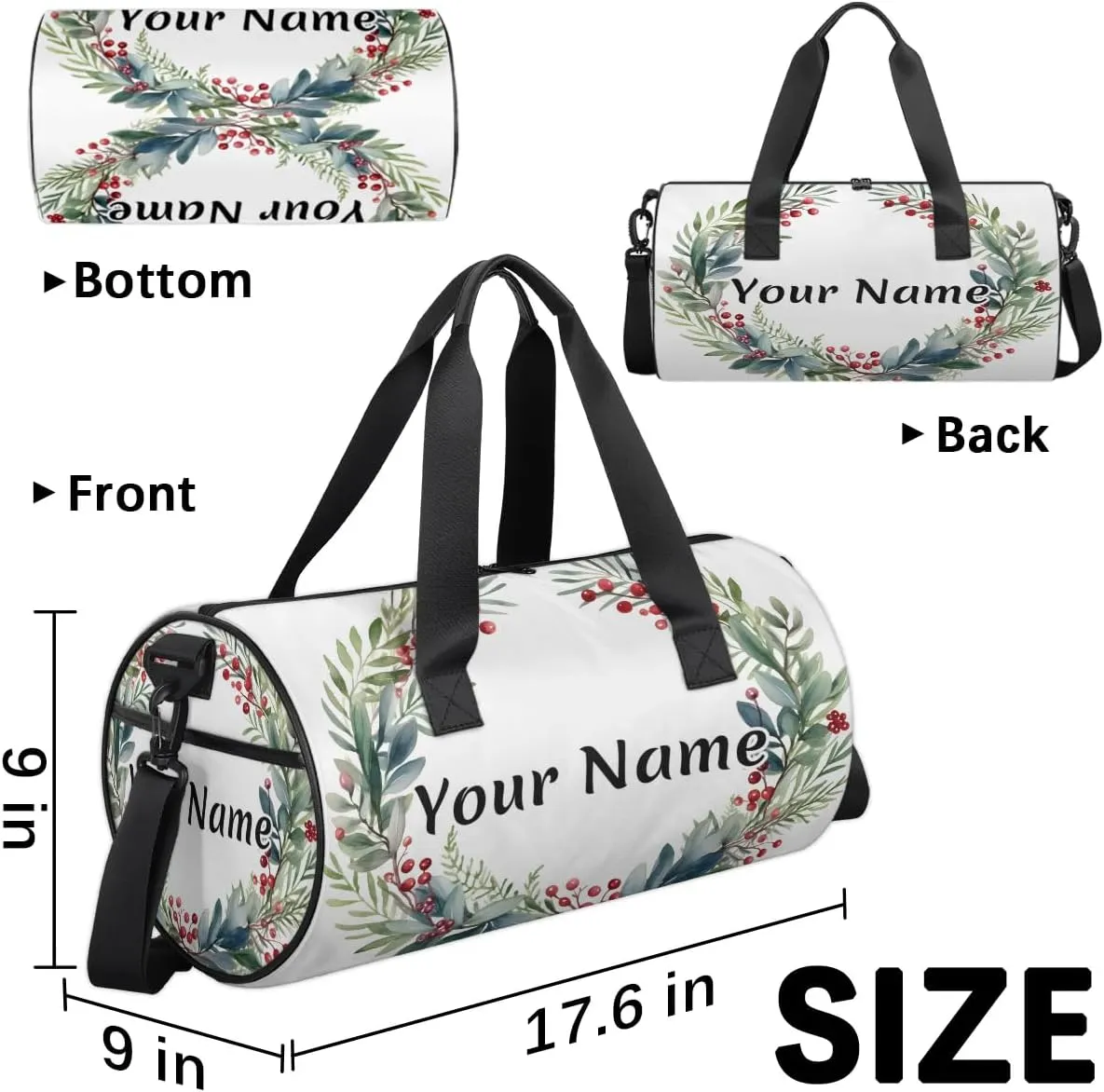 Personalized Duffel Bag for Women, Custom Flower Garland Gym Bag for Sports, Waterproof Dance Bag with Name, Lightweight Carryon Gym Bag, Green Plant Botanical Garland