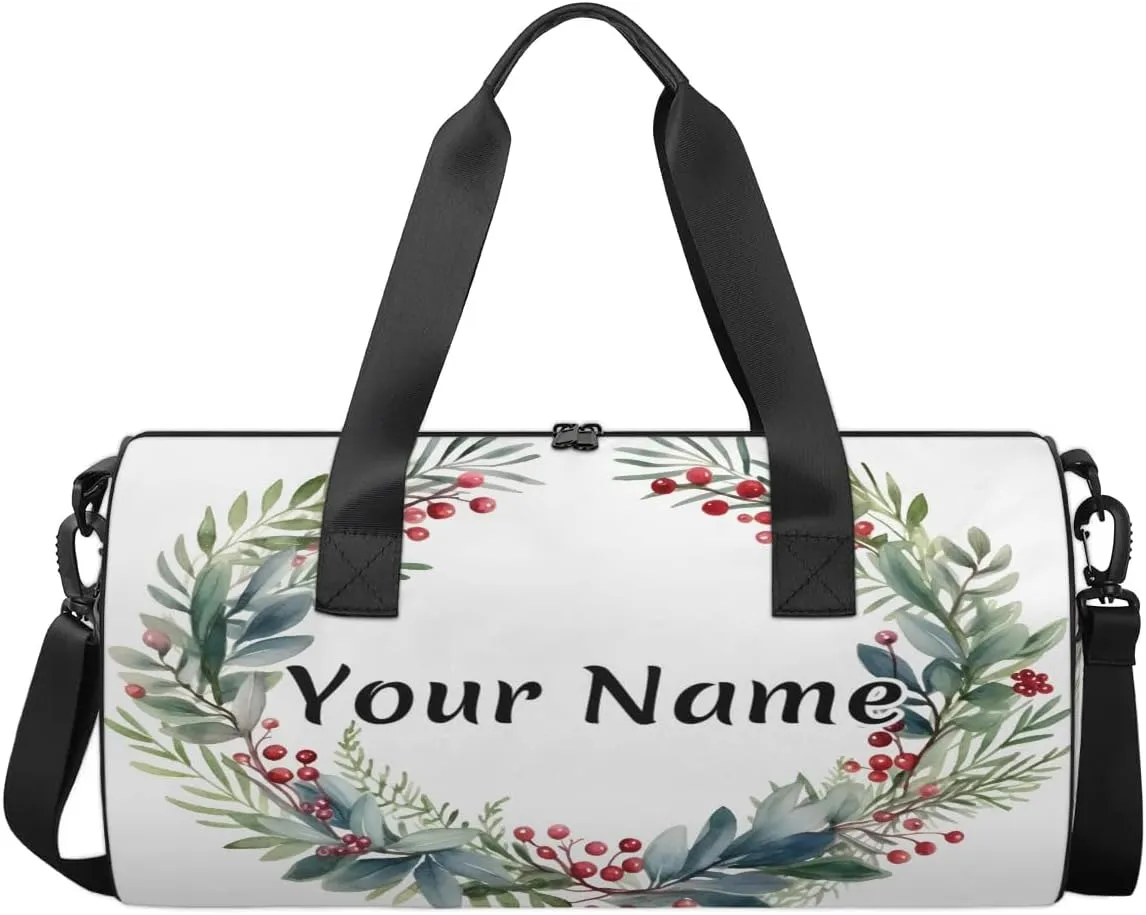 Personalized Duffel Bag for Women, Custom Flower Garland Gym Bag for Sports, Waterproof Dance Bag with Name, Lightweight Carryon Gym Bag, Green Plant Botanical Garland
