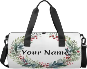 Personalized Duffel Bag for Women, Custom Flower Garland Gym Bag for Sports, Waterproof Dance Bag with Name, Lightweight Carryon Gym Bag, Green Plant Botanical Garland
