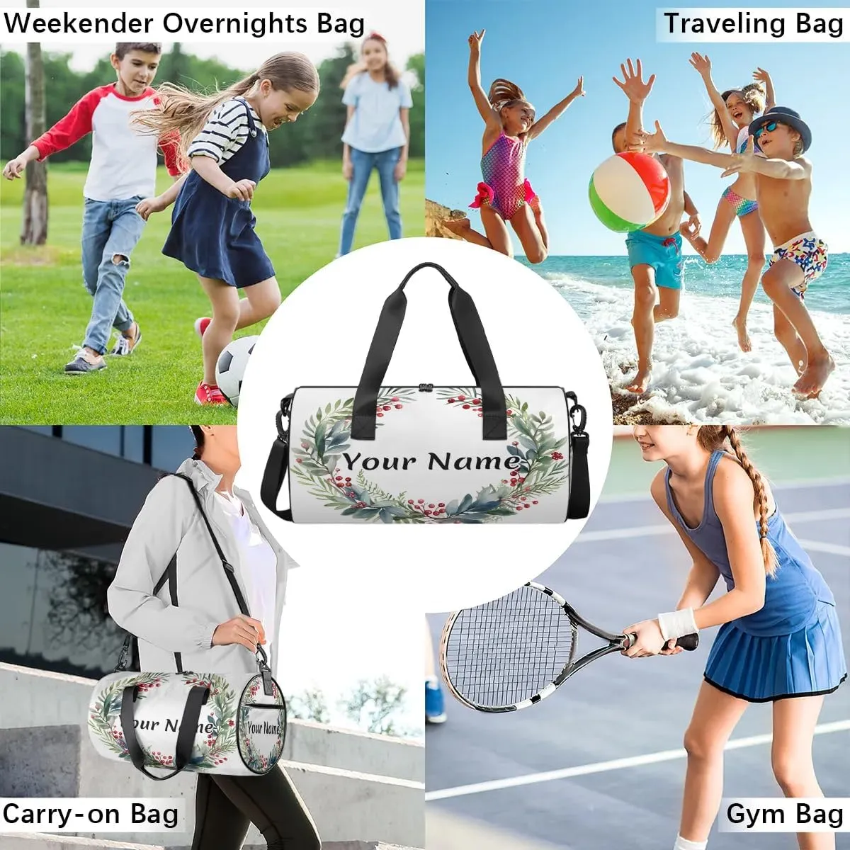 Personalized Duffel Bag for Women, Custom Flower Garland Gym Bag for Sports, Waterproof Dance Bag with Name, Lightweight Carryon Gym Bag, Green Plant Botanical Garland