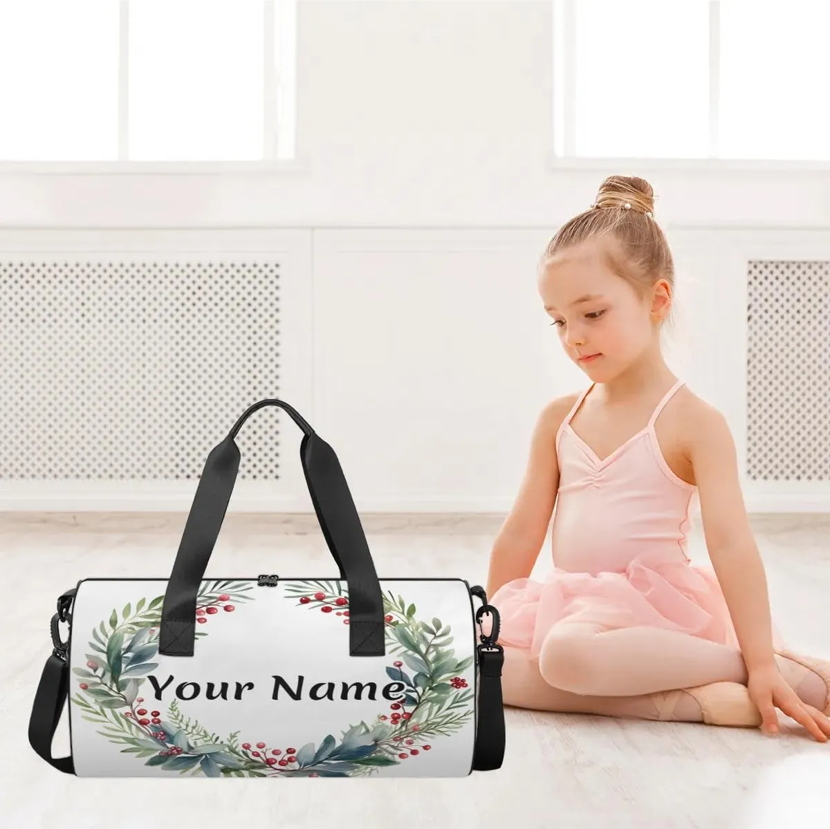 Personalized Duffel Bag for Women, Custom Flower Garland Gym Bag for Sports, Waterproof Dance Bag with Name, Lightweight Carryon Gym Bag, Green Plant Botanical Garland