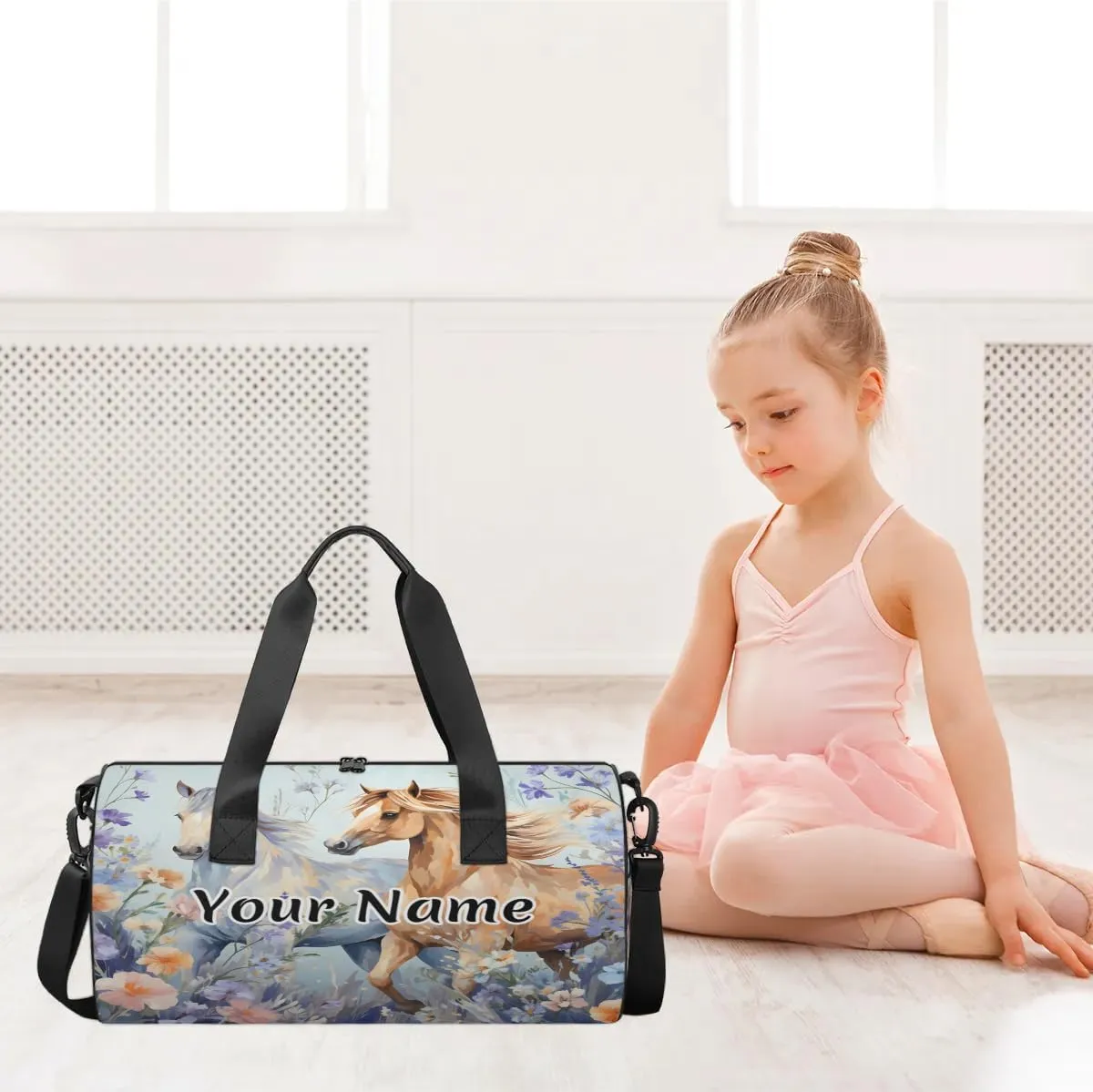Personalized Duffel Bag for Women, Custom Horses Gym Bag for Sports, Waterproof Dance Bag with Name, Lightweight Carryon Gym Bag, Daisy Flower