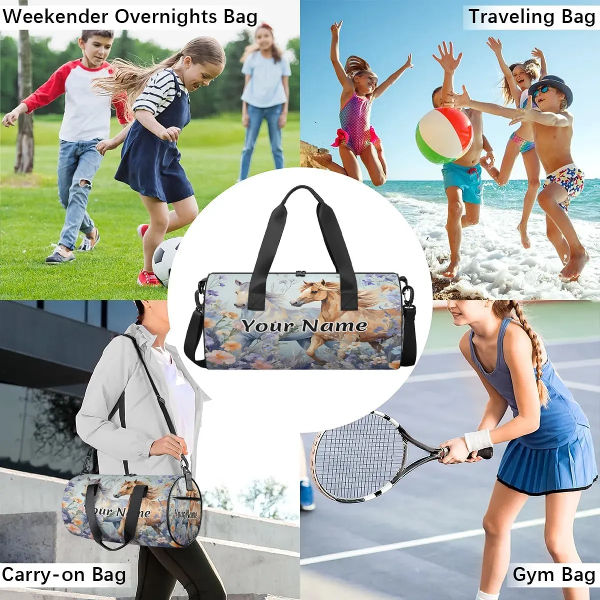 Personalized Duffel Bag for Women, Custom Horses Gym Bag for Sports, Waterproof Dance Bag with Name, Lightweight Carryon Gym Bag, Daisy Flower