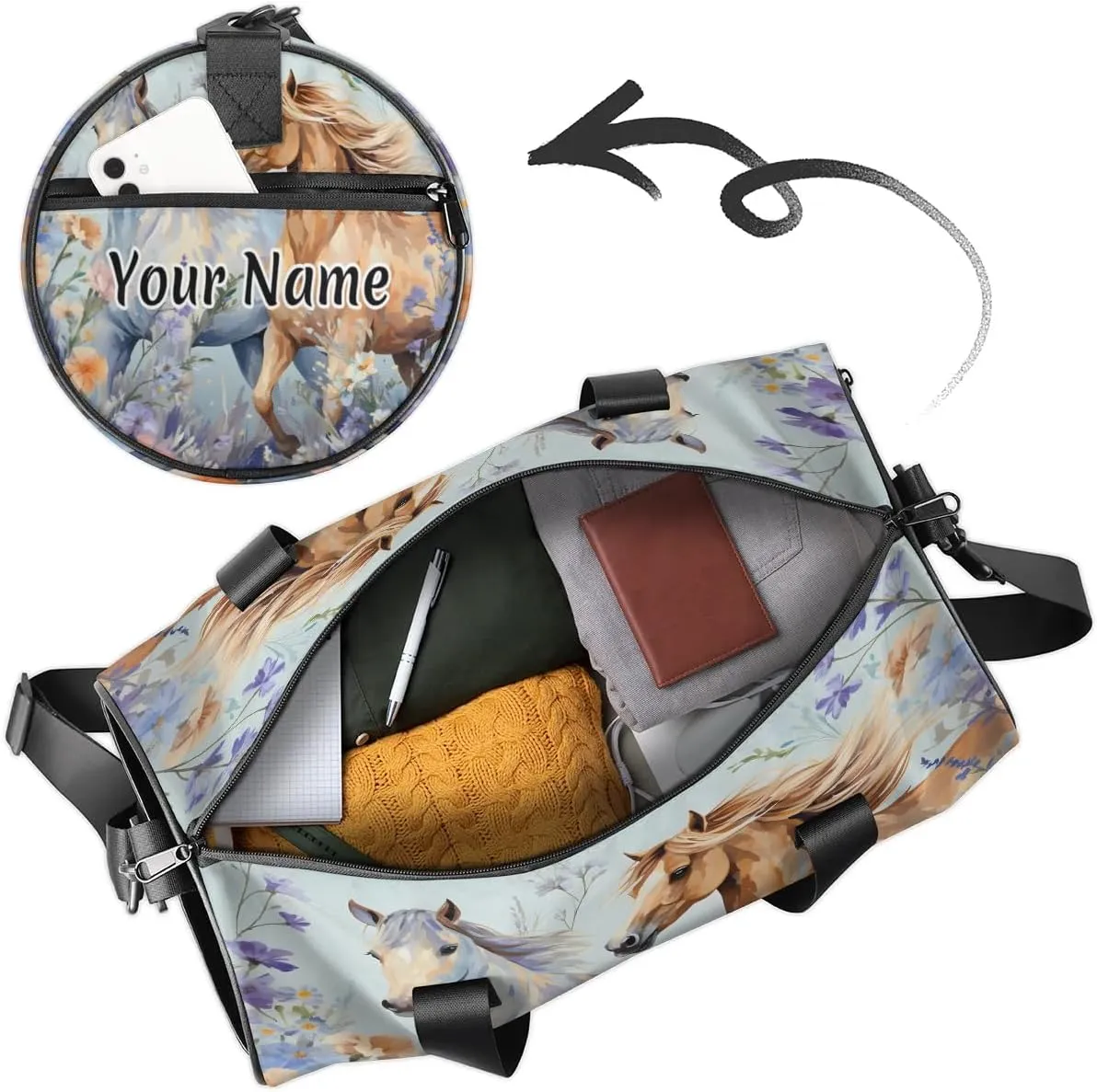 Personalized Duffel Bag for Women, Custom Horses Gym Bag for Sports, Waterproof Dance Bag with Name, Lightweight Carryon Gym Bag, Daisy Flower