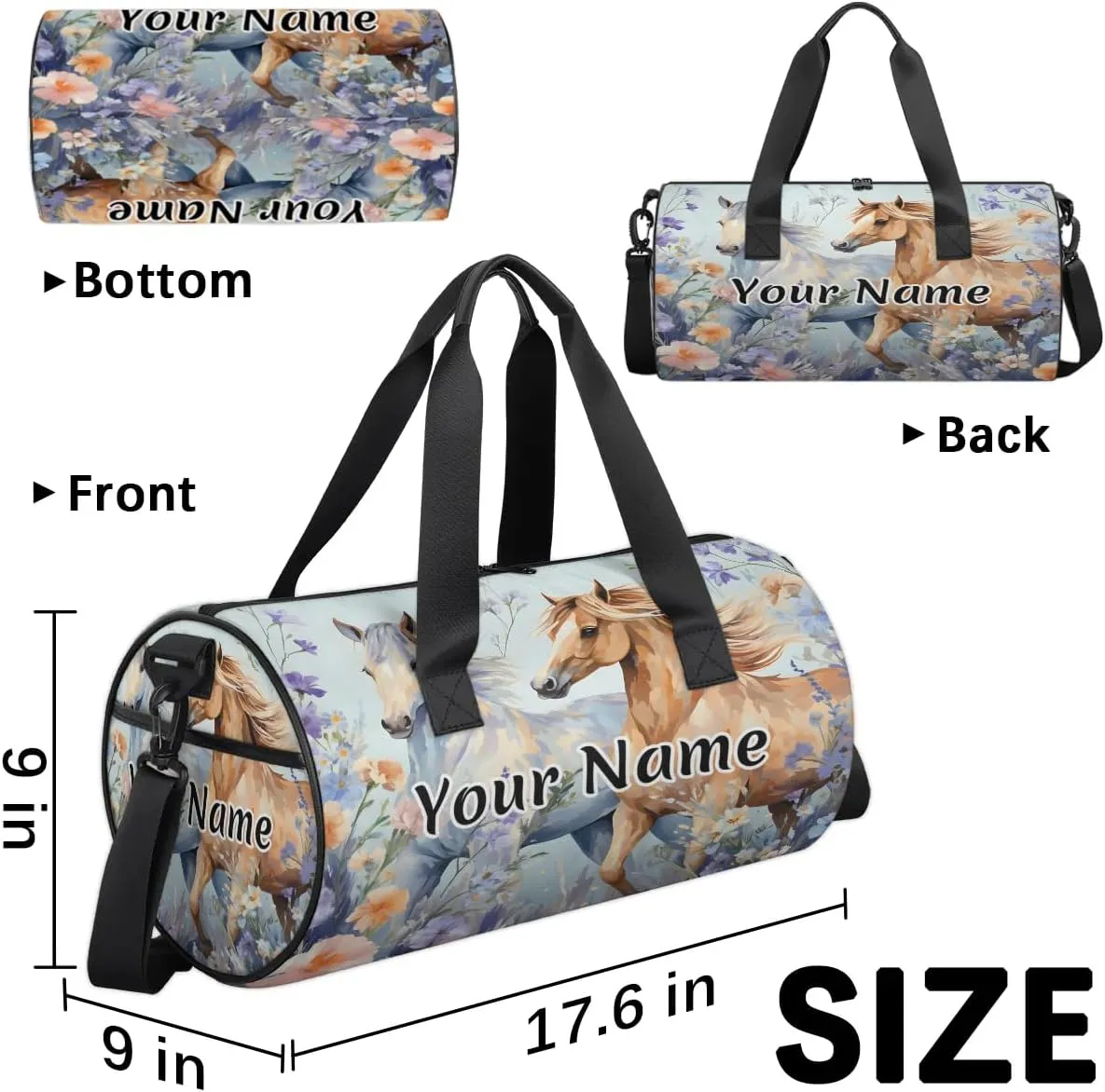 Personalized Duffel Bag for Women, Custom Horses Gym Bag for Sports, Waterproof Dance Bag with Name, Lightweight Carryon Gym Bag, Daisy Flower