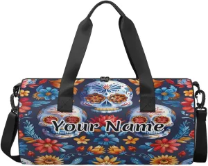 Personalized Duffel Bag for Women, Custom Mexican Floral Skeleton Gym Bag for Sports, Waterproof Dance Bag with Name, Lightweight Carryon Gym Bag, Colorful Flowers Skeleton