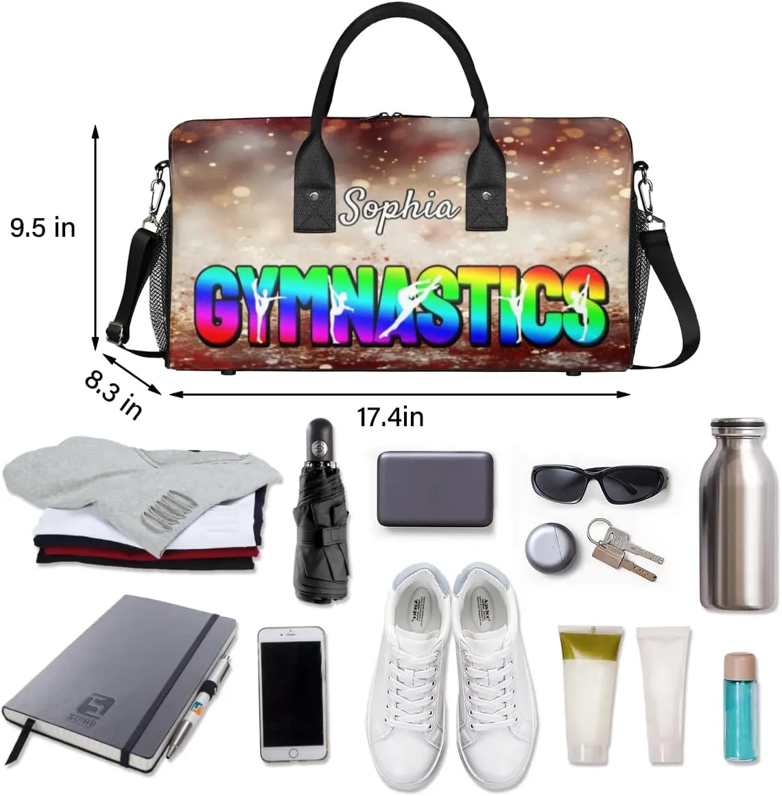 Personalized Gymnastic Bag for Women, Custom Name Sport Duffel Bag Gym Bag Travel Duffle Bag Overnight Weekender Bag, Glitters