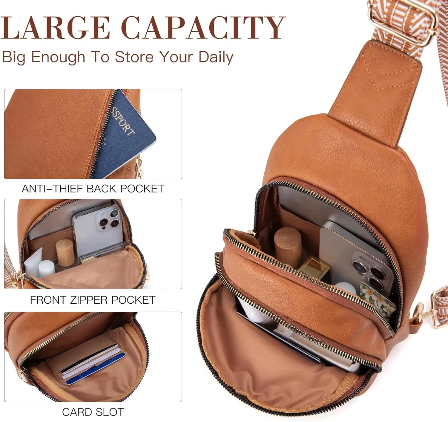Personalized Mothers Day Gifts Initial Sling Bag PU Crossbody Bags for Women Mother's Day Birthday Gifts for Women Mom Sister Wife (Brown-L)
