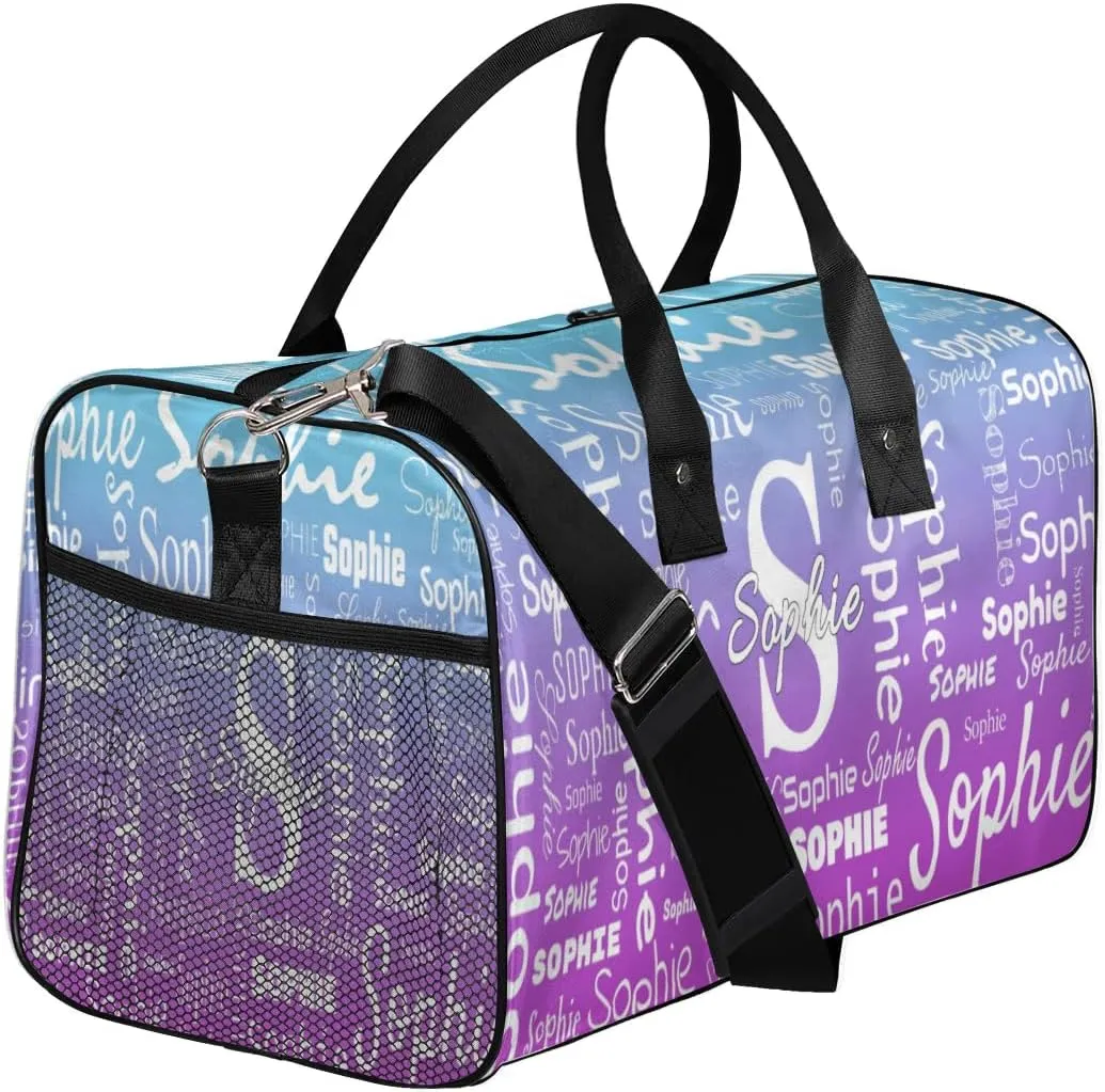 Personalized Name Sport Duffel Bag with Initial, Custom Gym Bag Dance Duffel Bag for Women, Monogrammed Gifts Customized Gymnastics Ballet Bag Overnight Weekender Bag, Blue Purple Gradient
